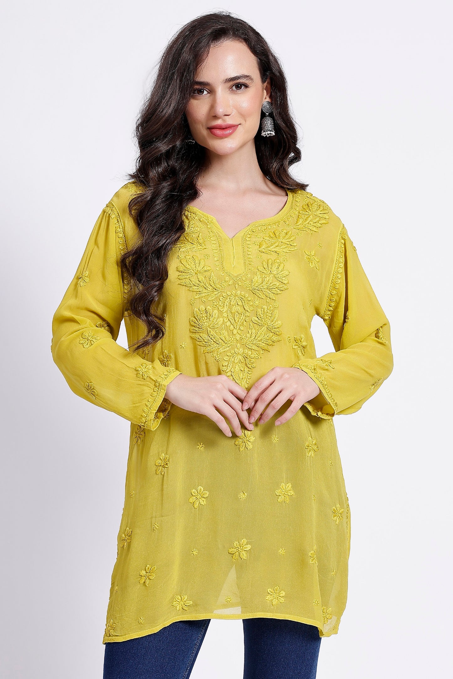 The Chikankari Story: Chic and Comfortable 3D Chikankari Hand-Embroidered Short Top & Kurti in Pure Viscose – Available in Black, Purple, Pink, Sea Green, and Lemon Green