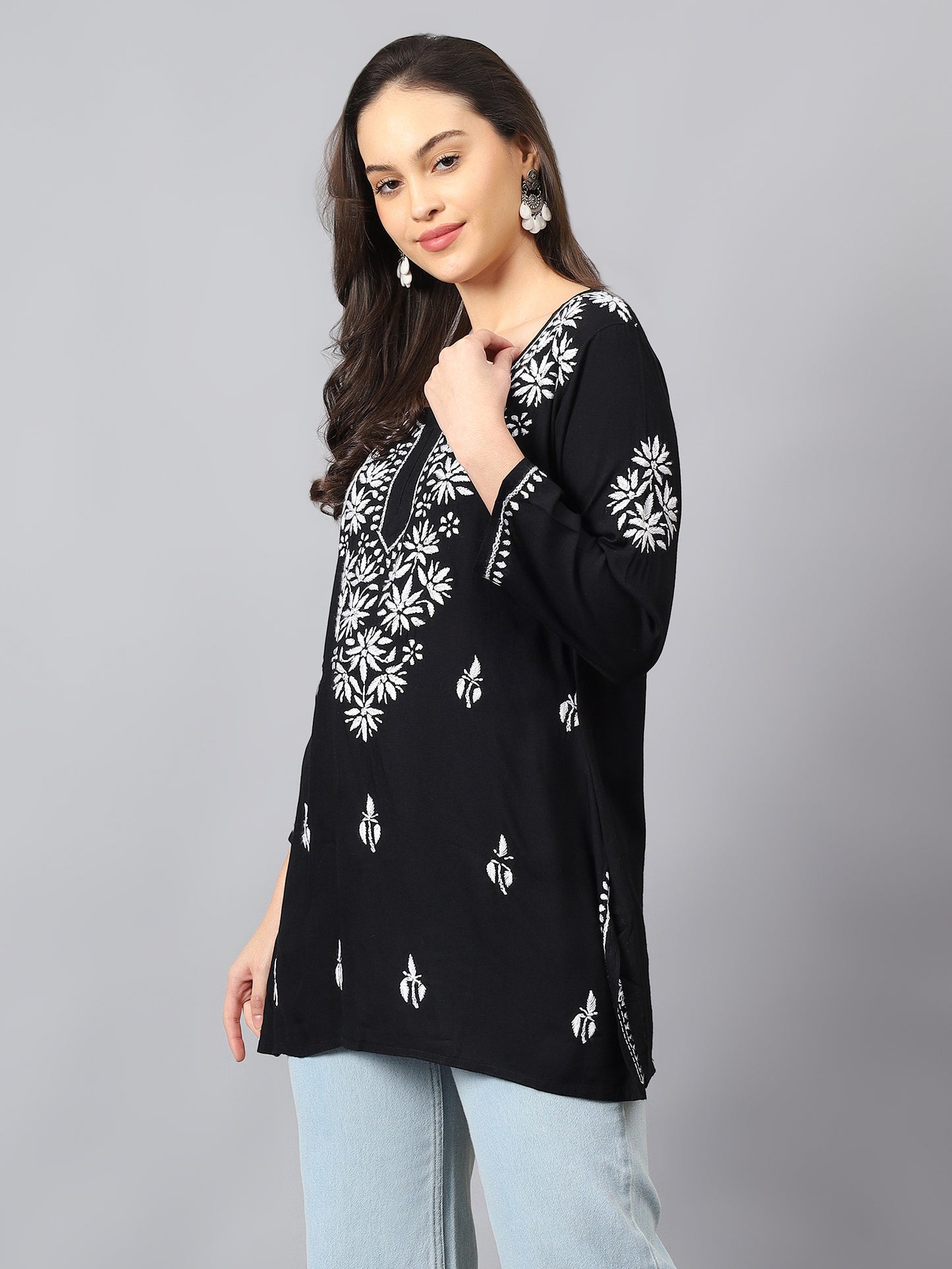 The Chikankari Story: Lucknowi Chikankari Hand Embroidery Cotton Rayon Short Kurti, Kurta, Top, and Tunic Collection in Deep Sea Green, Green Olive, Cool Blue, Black, and Grey