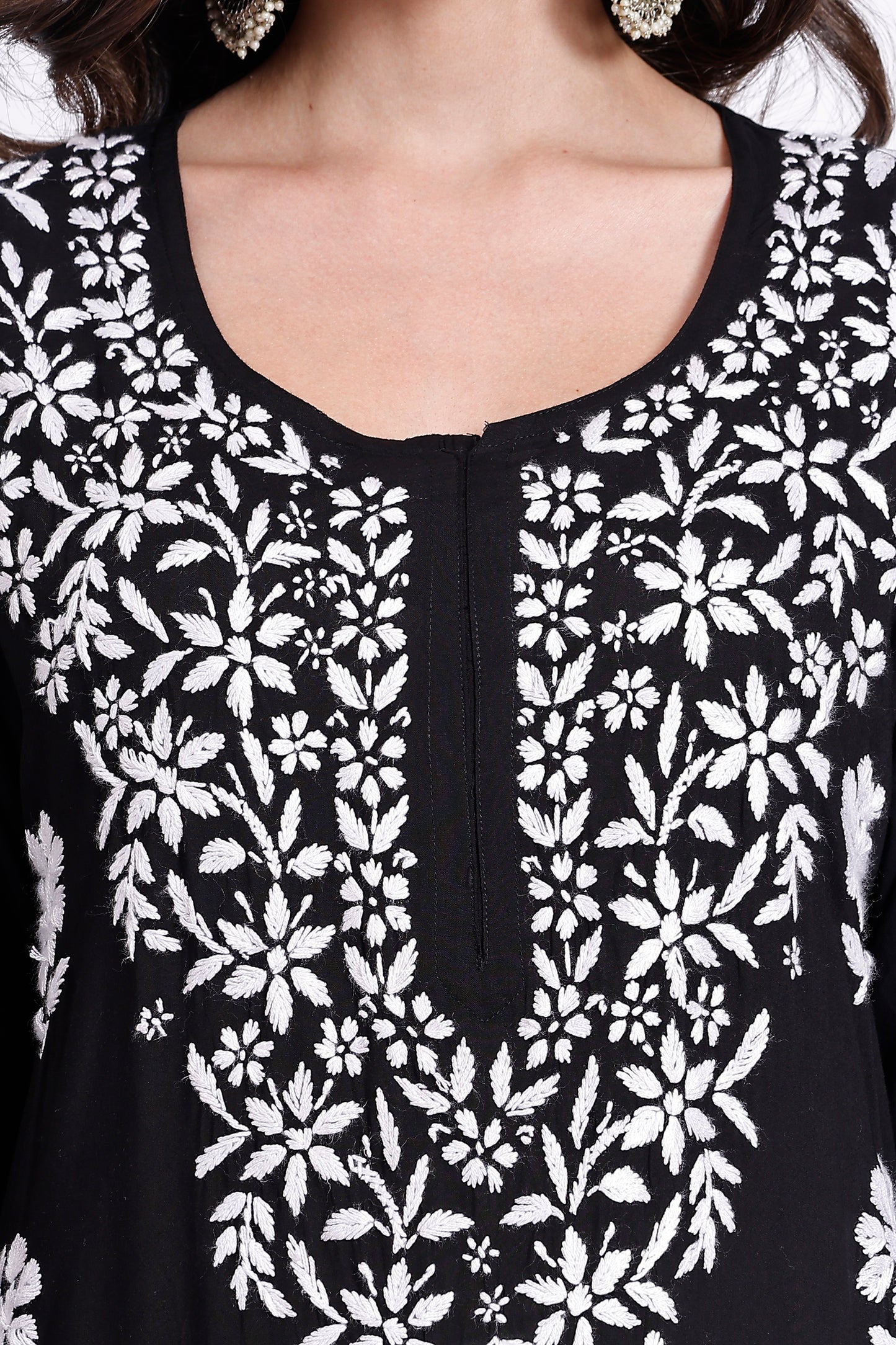 The Chikankari Story Hand-Embroidered Pure Modal Fabric Lucknowi Chikankari Black,Purple and Red Kurta kurti having Traditional 3D Motifs Work.