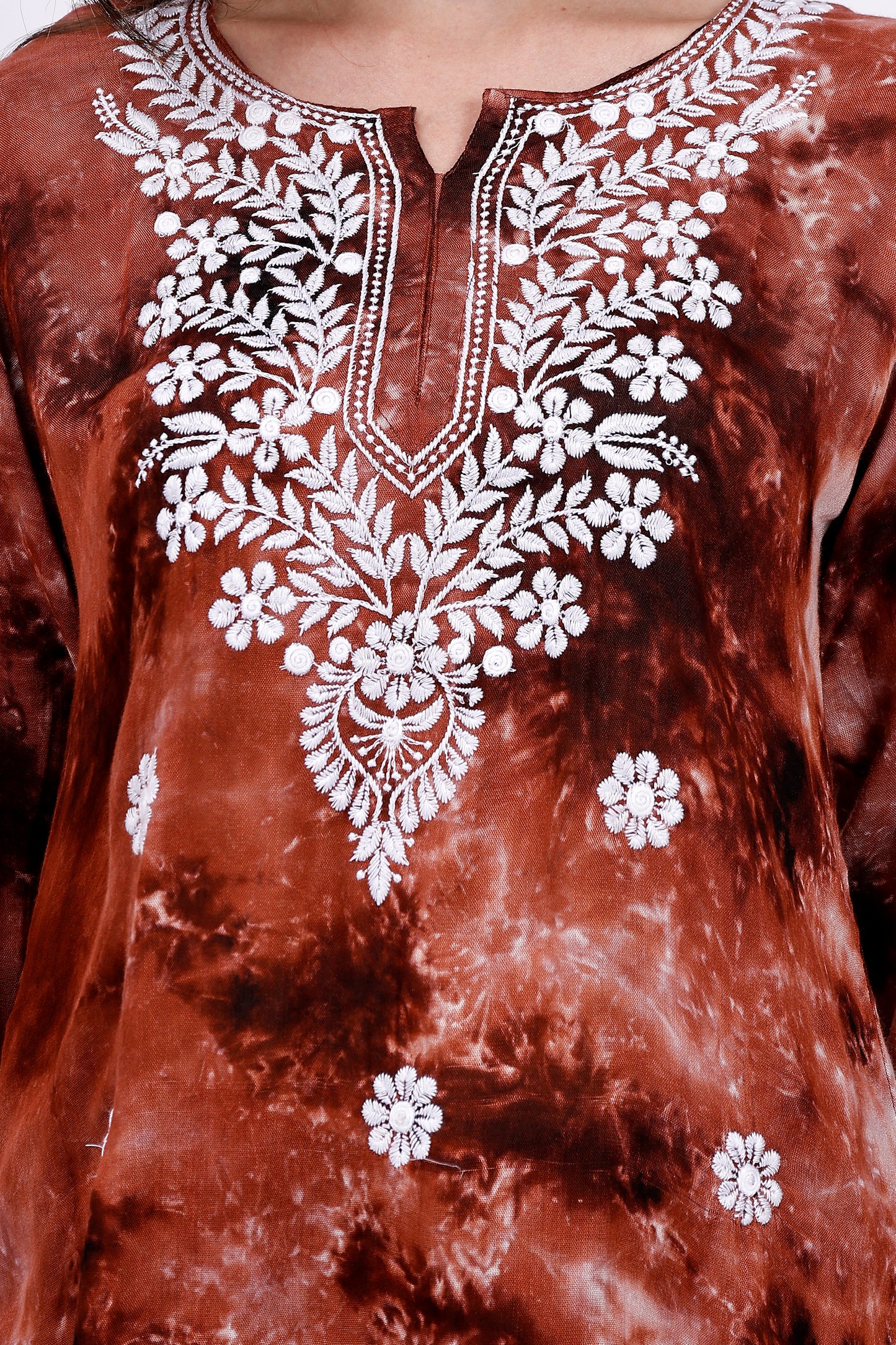 The Chikankari Story: Embroidered Rayon Tie-Dyed Chikankari Brown short Kurti with 3D Embroidery