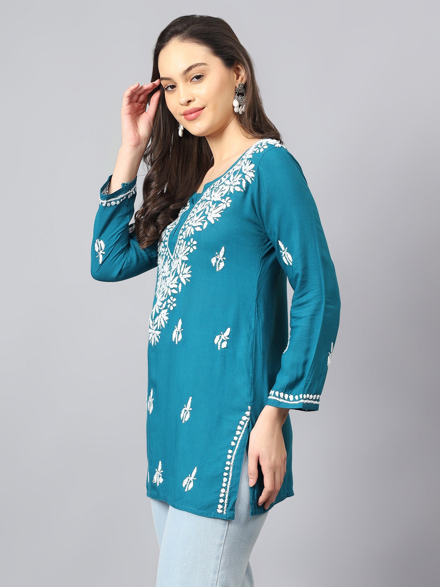 The Chikankari Story: Lucknowi Chikankari Hand Embroidery Cotton Rayon Short Kurti, Kurta, Top, and Tunic Collection in Deep Sea Green, Green Olive, Cool Blue, Black, and Grey