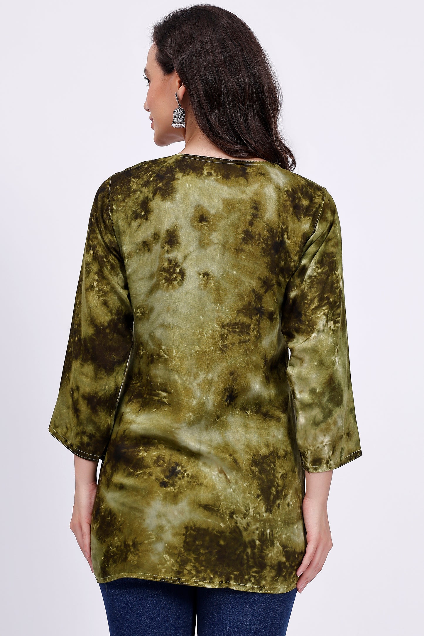 The Chikankari Story Embroidered Rayon Tie-Dyed Chikankari Green short Kurti with 3D Embroidery.
