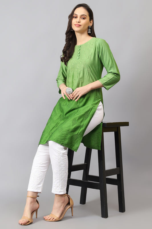 The Chikankari Story: Pure Chanderi Embroidery Kurti - Exquisite Fine Embroidery in Ombre Shades of Red, Blue, and Green - Top Selling Elegant Women's Top
