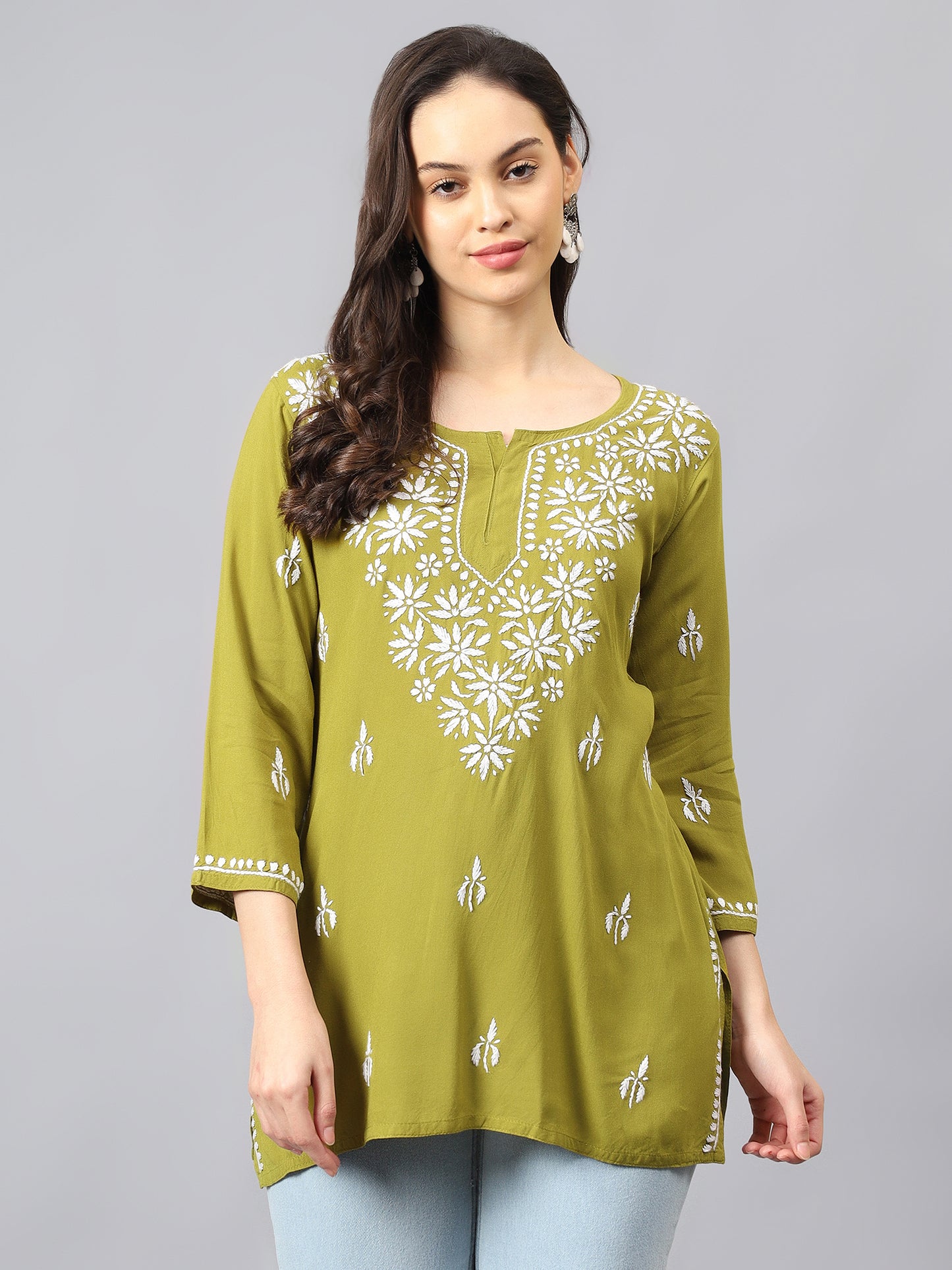The Chikankari Story: Lucknowi Chikankari Hand Embroidery Cotton Rayon Short Kurti, Kurta, Top, and Tunic Collection in Deep Sea Green, Green Olive, Cool Blue, Black, and Grey
