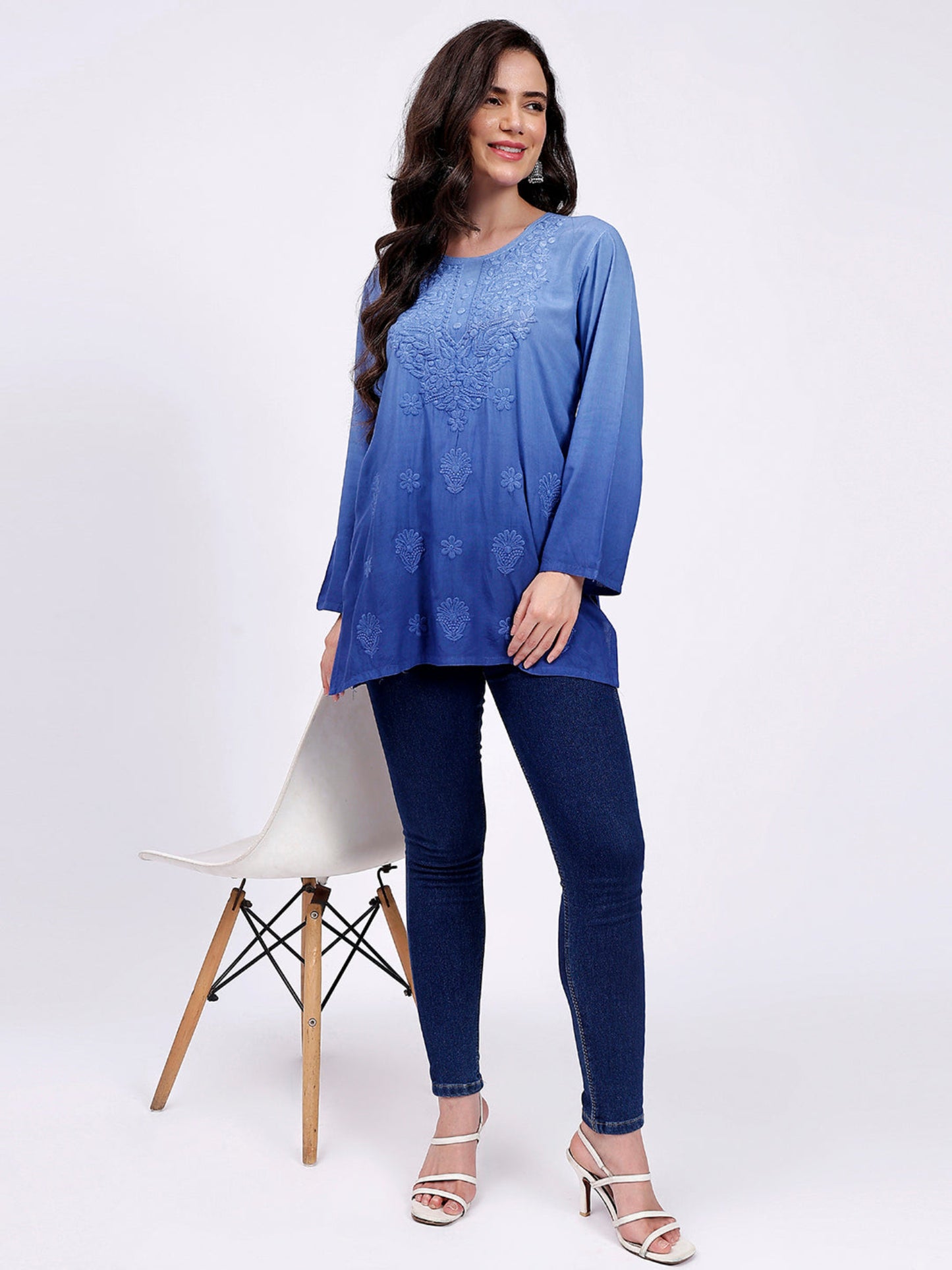 The Chikankari Story: Elegant Rayon Chikankari Kurti with Heavy Neck Embroidery in Red, Purple, Blue, and Green – Short Length, Pre-Dyed Design