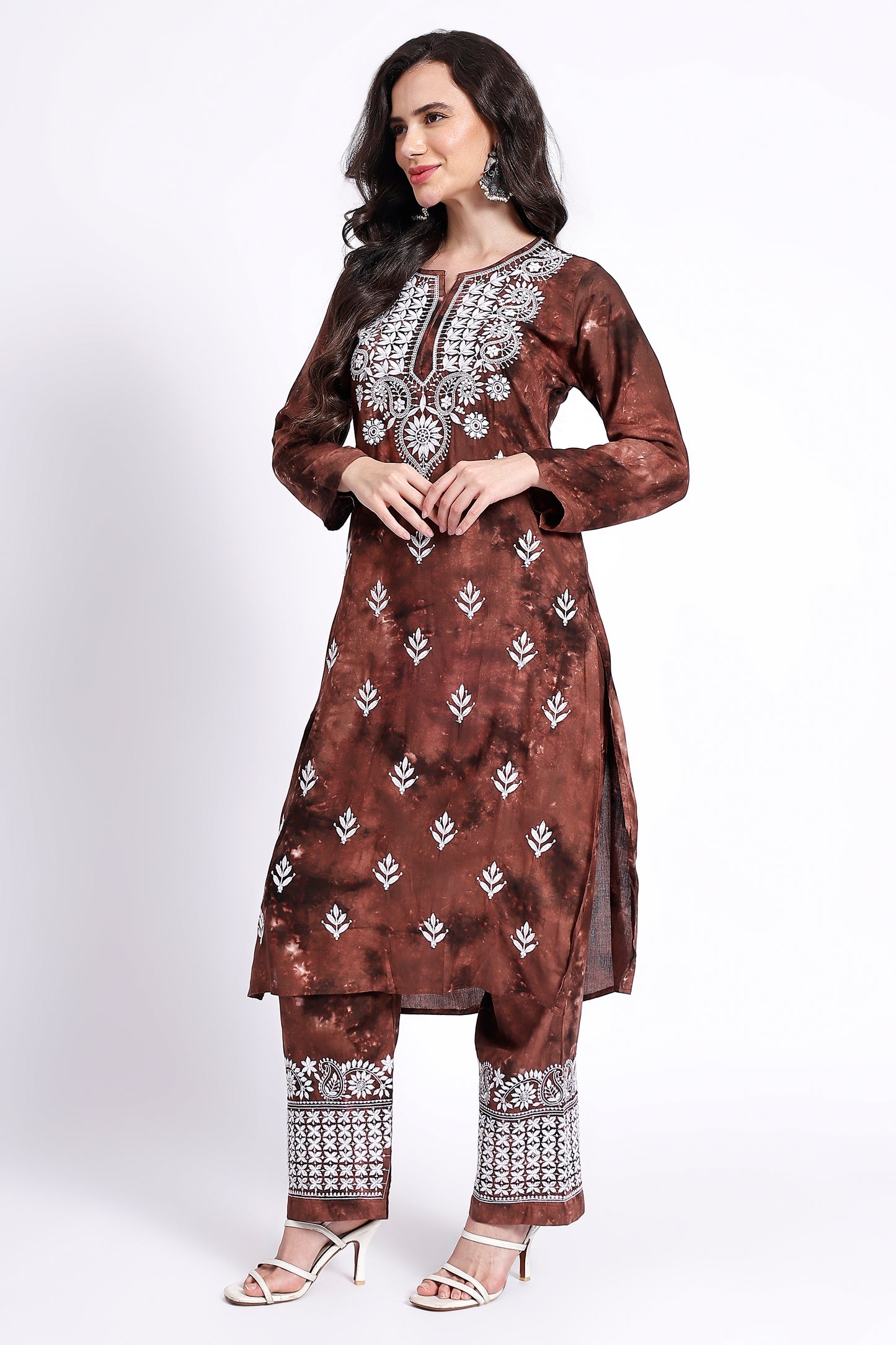 The Chikankari Story Embroidered Rayon Tie-Dyed Chikankari Brown Kurti plazzo set having bollywood 3D Embroidery.