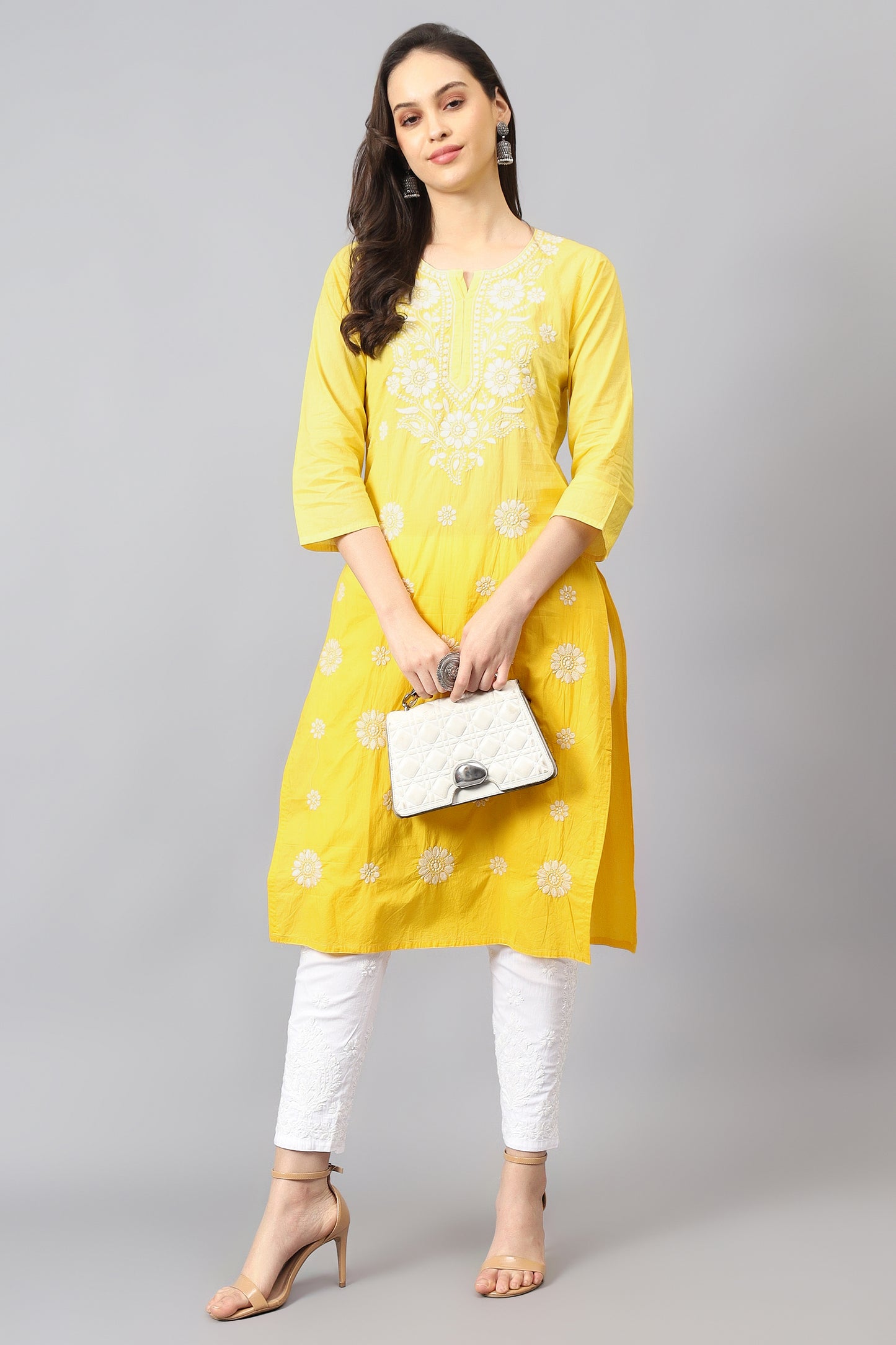 The Chikankari Story Pure Cotton Kurti for Women - Fine Chikan Kari Machine Embroidery in Ombre Shades of Purple, White, Yellow, Pink, and Blue.
