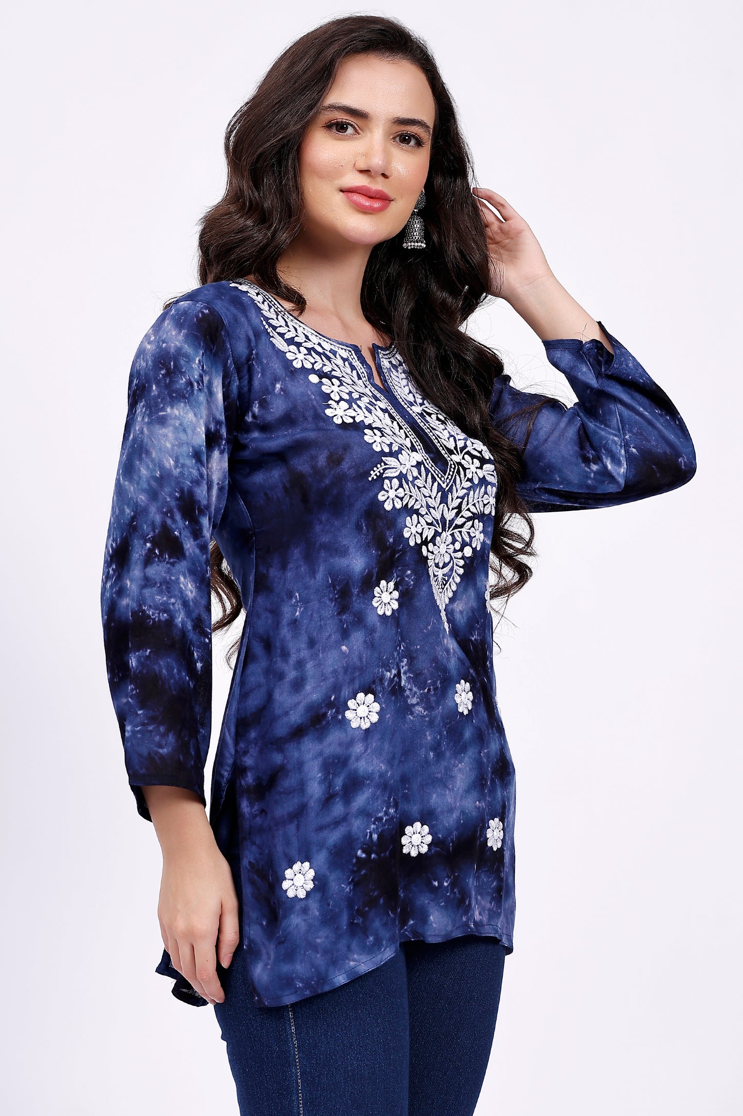 The Chikankari Story Embroidered Rayon Tie-Dyed Chikankari Blue short Kurti with 3D Embroidery.