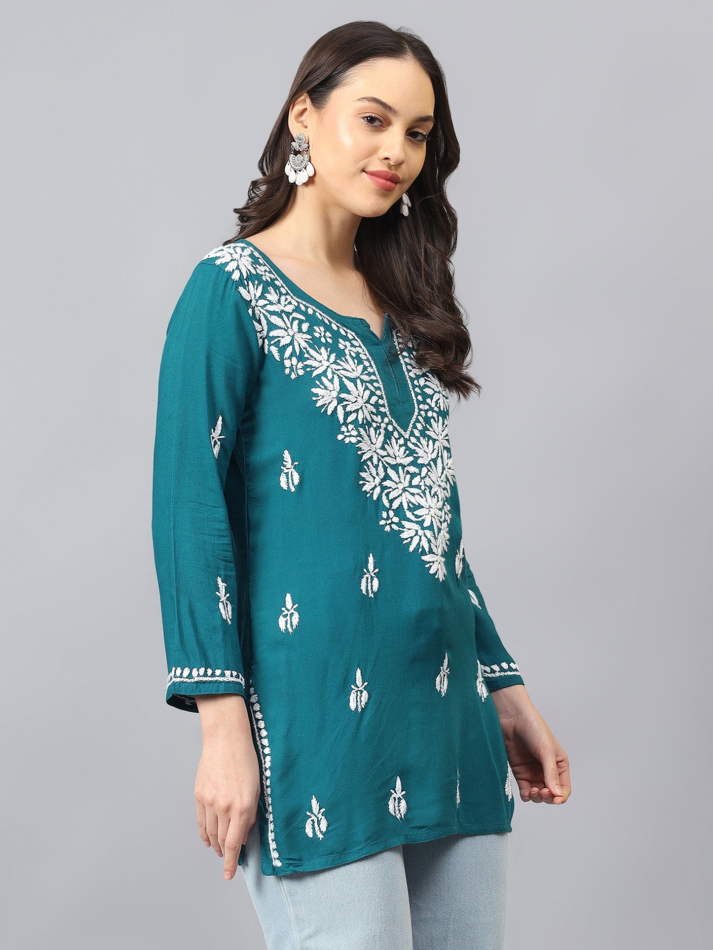 The Chikankari Story: Lucknowi Chikankari Hand Embroidery Cotton Rayon Short Kurti, Kurta, Top, and Tunic Collection in Deep Sea Green, Green Olive, Cool Blue, Black, and Grey