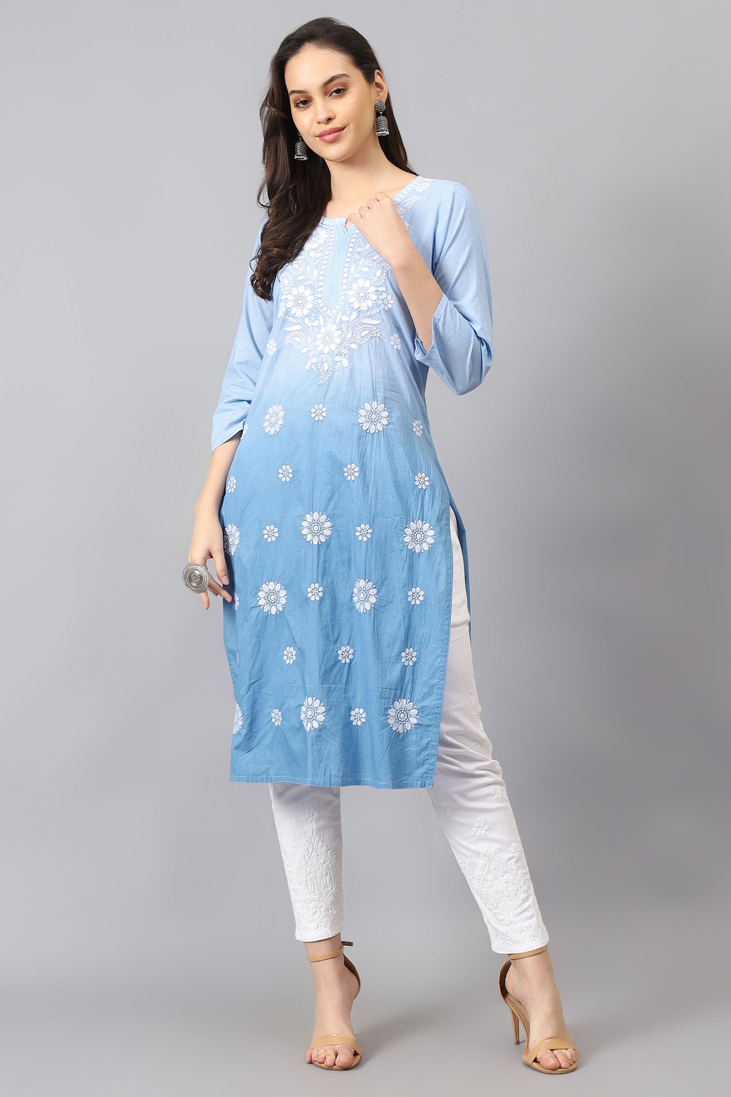 The Chikankari Story Pure Cotton Kurti for Women - Fine Chikan Kari Machine Embroidery in Ombre Shades of Purple, White, Yellow, Pink, and Blue.
