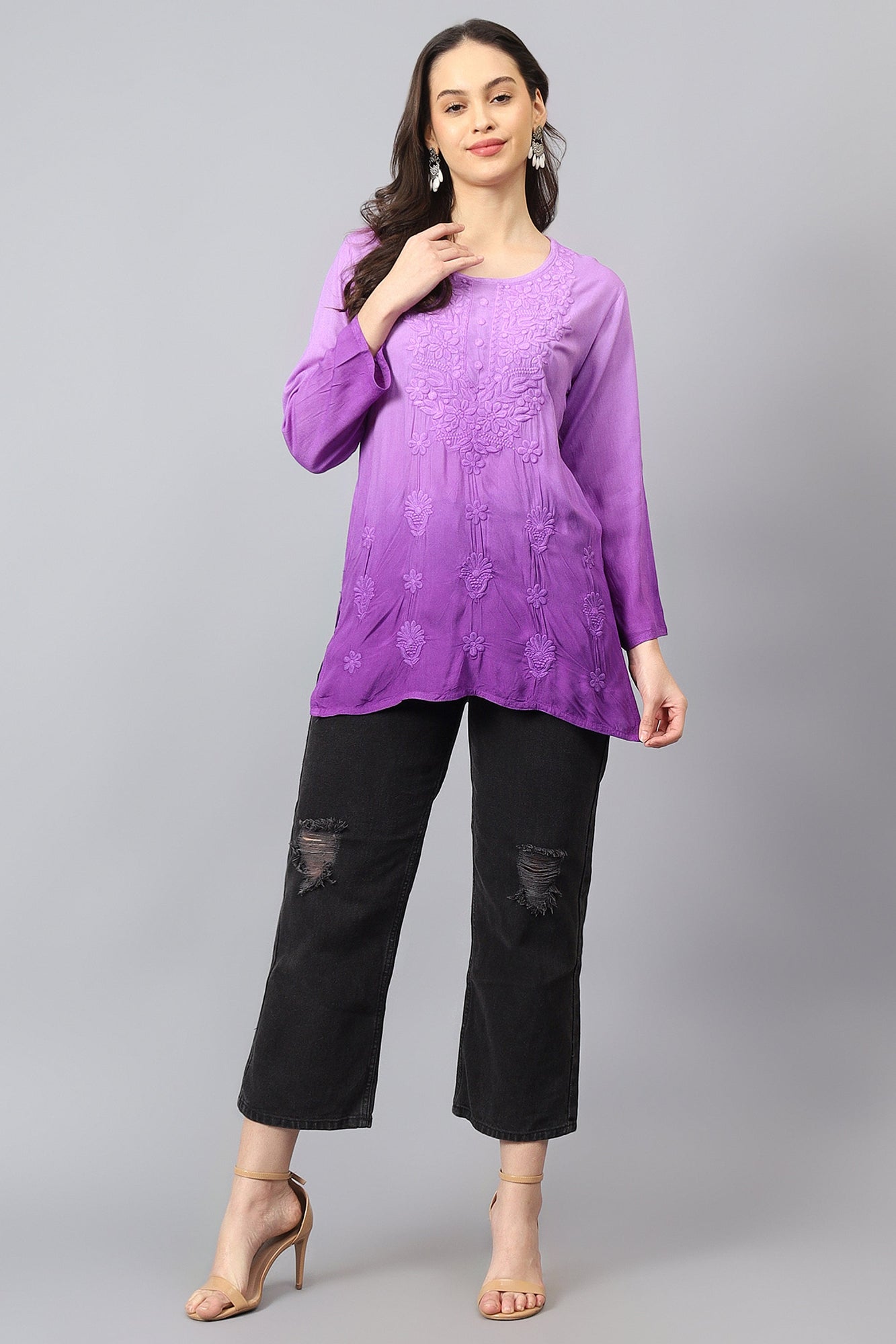 The Chikankari Story: Elegant Rayon Chikankari Kurti with Heavy Neck Embroidery in Red, Purple, Blue, and Green – Short Length, Pre-Dyed Design