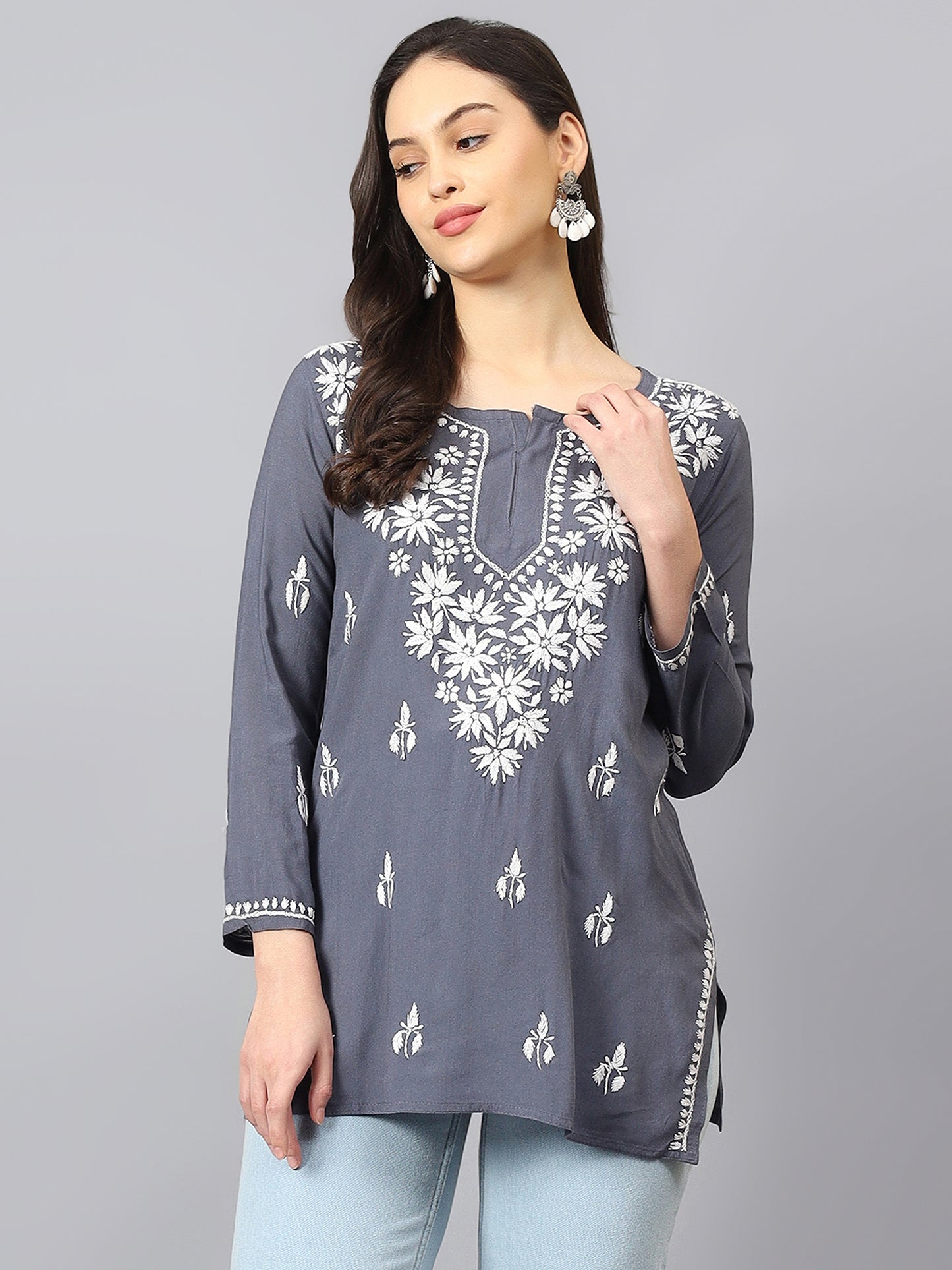 The Chikankari Story: Lucknowi Chikankari Hand Embroidery Cotton Rayon Short Kurti, Kurta, Top, and Tunic Collection in Deep Sea Green, Green Olive, Cool Blue, Black, and Grey