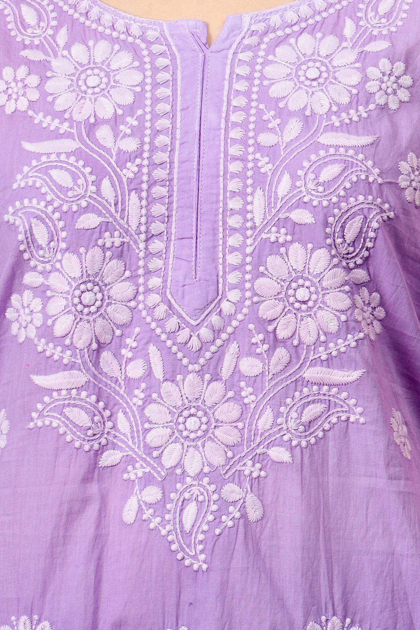 The Chikankari Story Pure Cotton Kurti for Women - Fine Chikan Kari Machine Embroidery in Ombre Shades of Purple, White, Yellow, Pink, and Blue.
