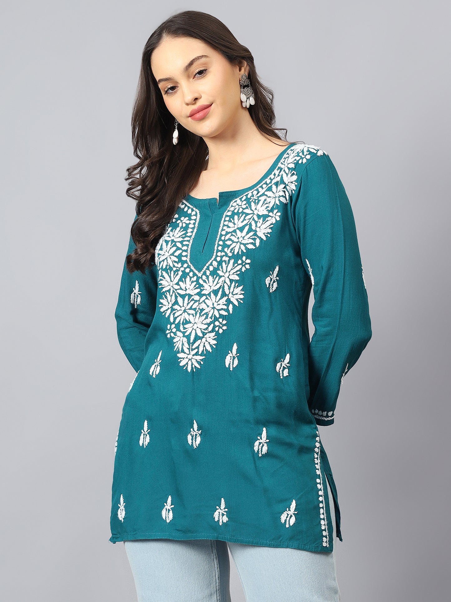 The Chikankari Story: Lucknowi Chikankari Hand Embroidery Cotton Rayon Short Kurti, Kurta, Top, and Tunic Collection in Deep Sea Green, Green Olive, Cool Blue, Black, and Grey