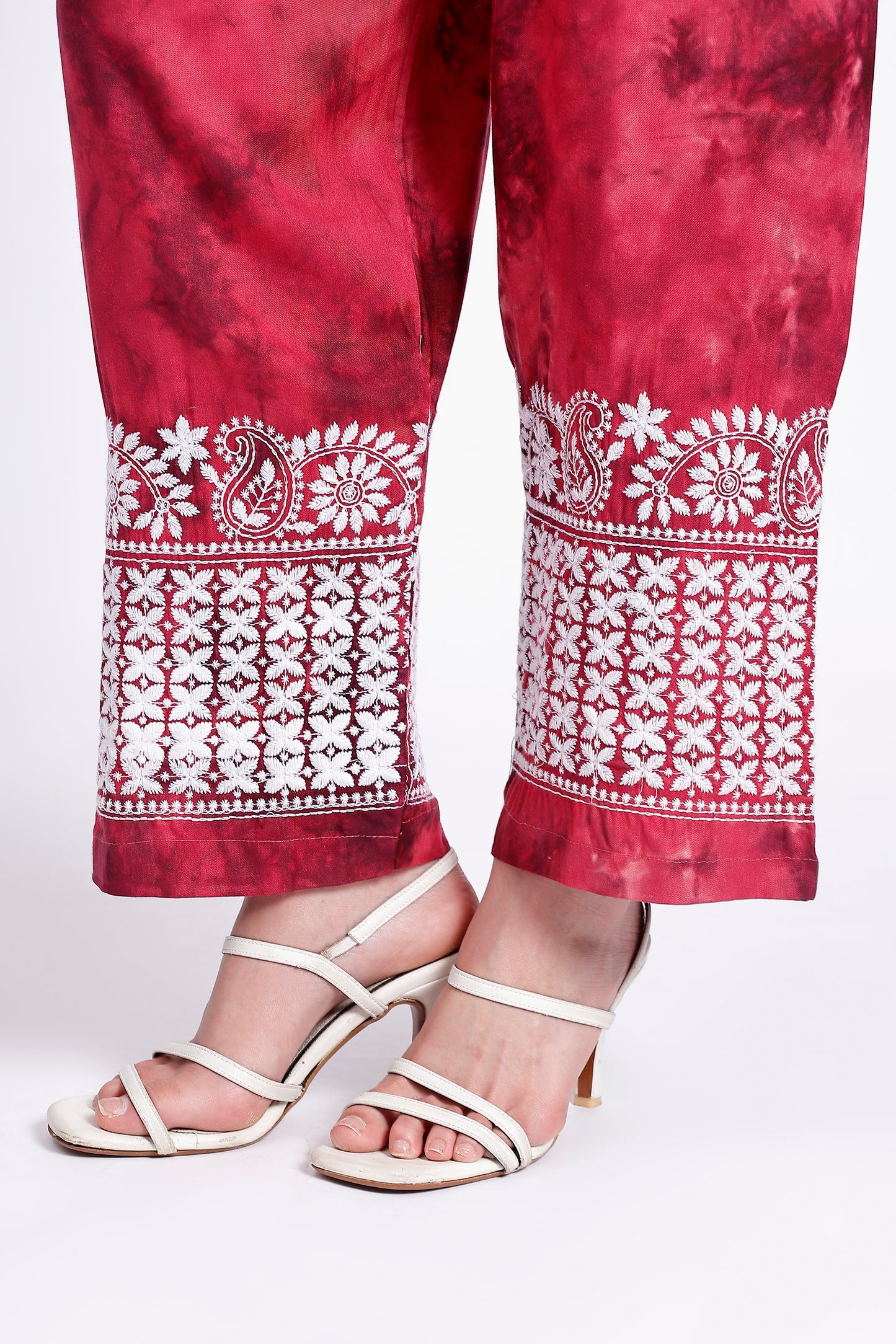 The Chikankari Story: Embroidered Rayon Tie-Dyed Chikankari pink Kurti Plazzo set with 3D Embroidery