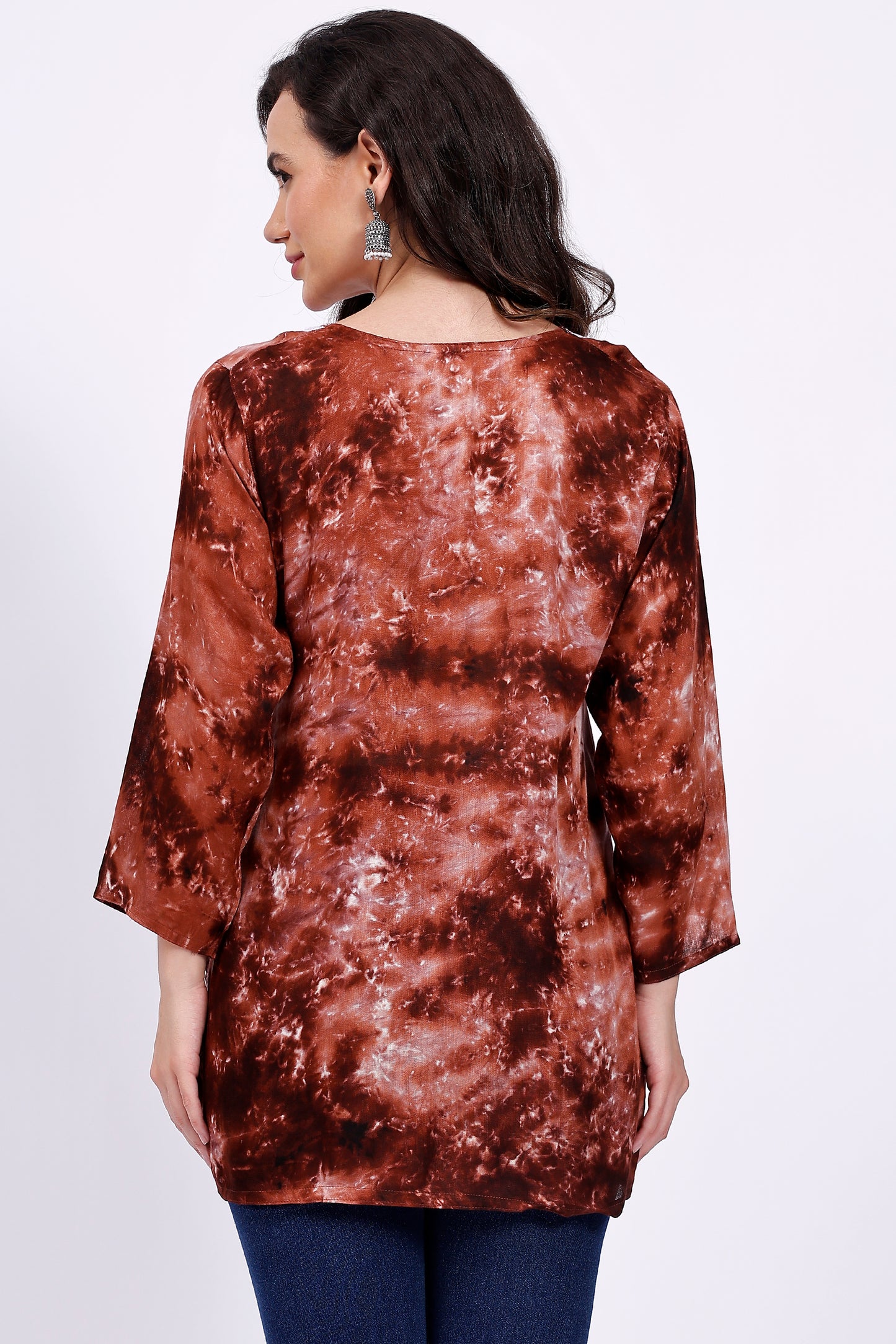 The Chikankari Story: Embroidered Rayon Tie-Dyed Chikankari Brown short Kurti with 3D Embroidery