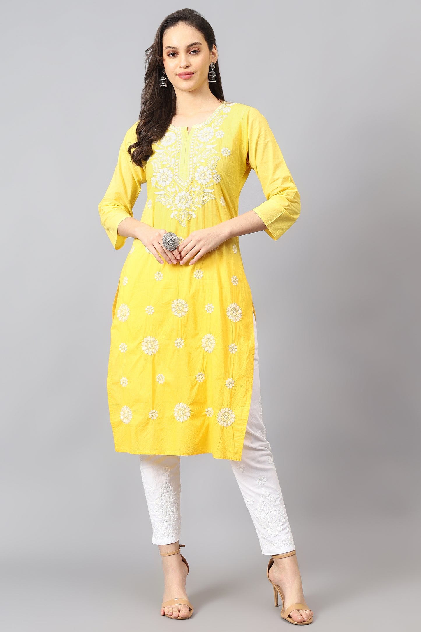 The Chikankari Story Pure Cotton Kurti for Women - Fine Chikan Kari Machine Embroidery in Ombre Shades of Purple, White, Yellow, Pink, and Blue.