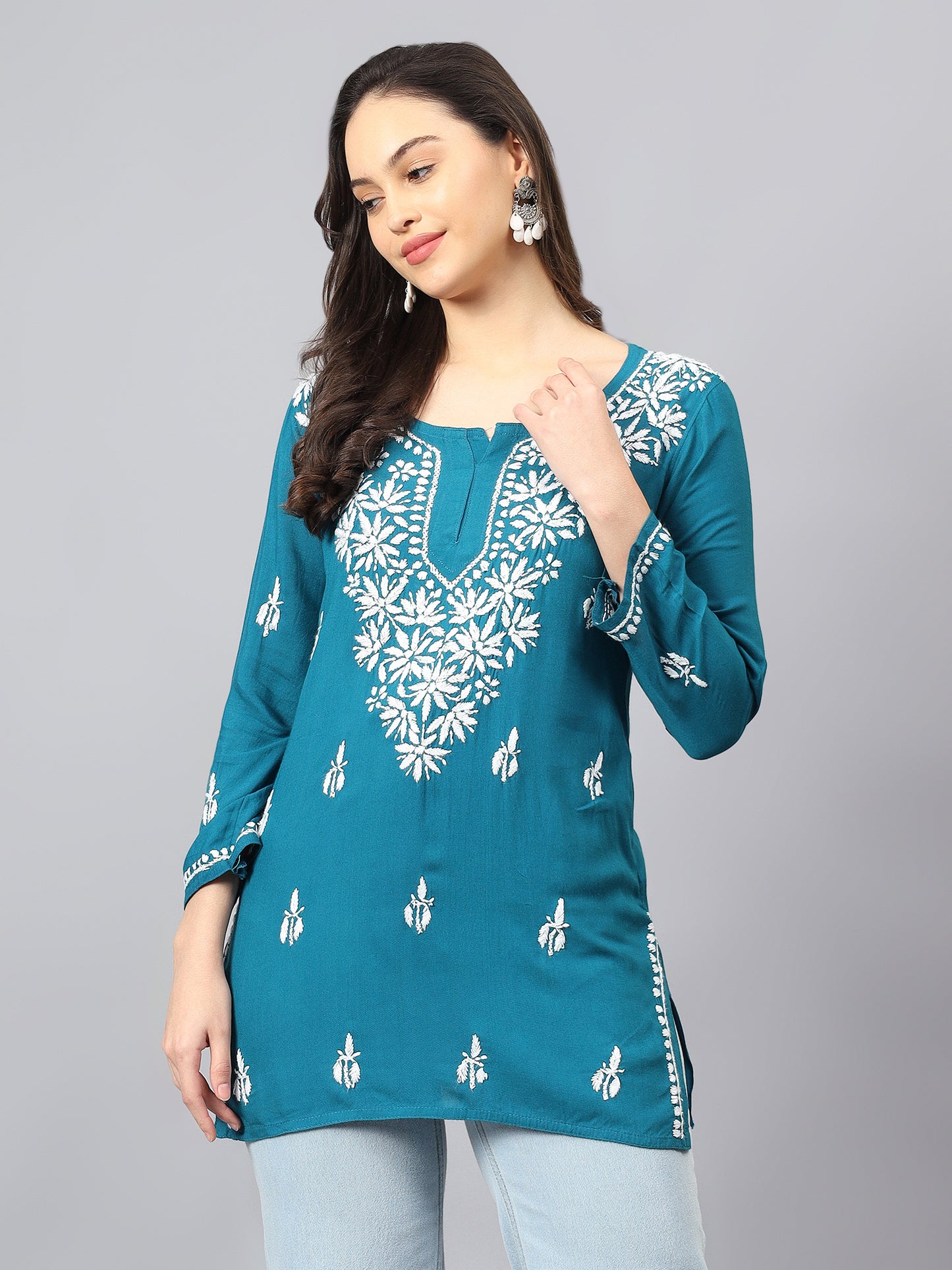 The Chikankari Story: Lucknowi Chikankari Hand Embroidery Cotton Rayon Short Kurti, Kurta, Top, and Tunic Collection in Deep Sea Green, Green Olive, Cool Blue, Black, and Grey