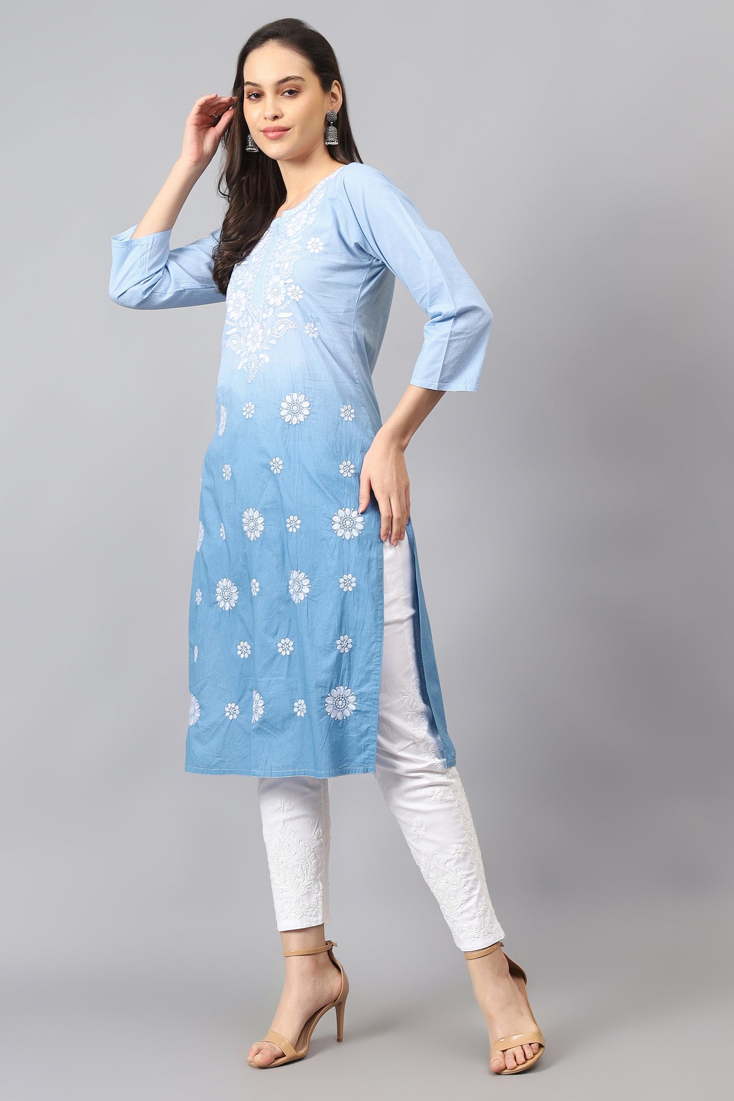The Chikankari Story Pure Cotton Kurti for Women - Fine Chikan Kari Machine Embroidery in Ombre Shades of Purple, White, Yellow, Pink, and Blue.