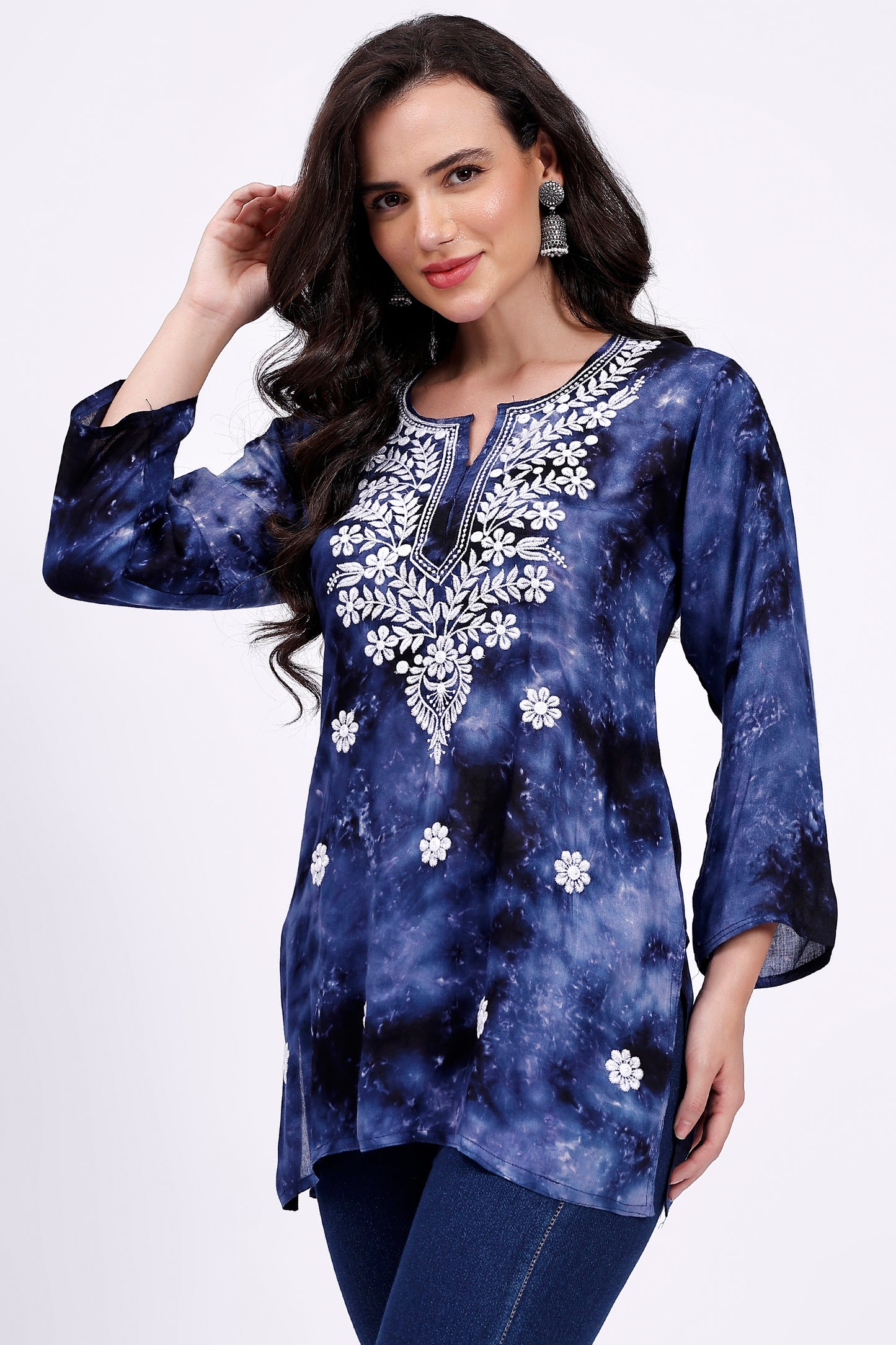The Chikankari Story Embroidered Rayon Tie-Dyed Chikankari Blue short Kurti with 3D Embroidery.