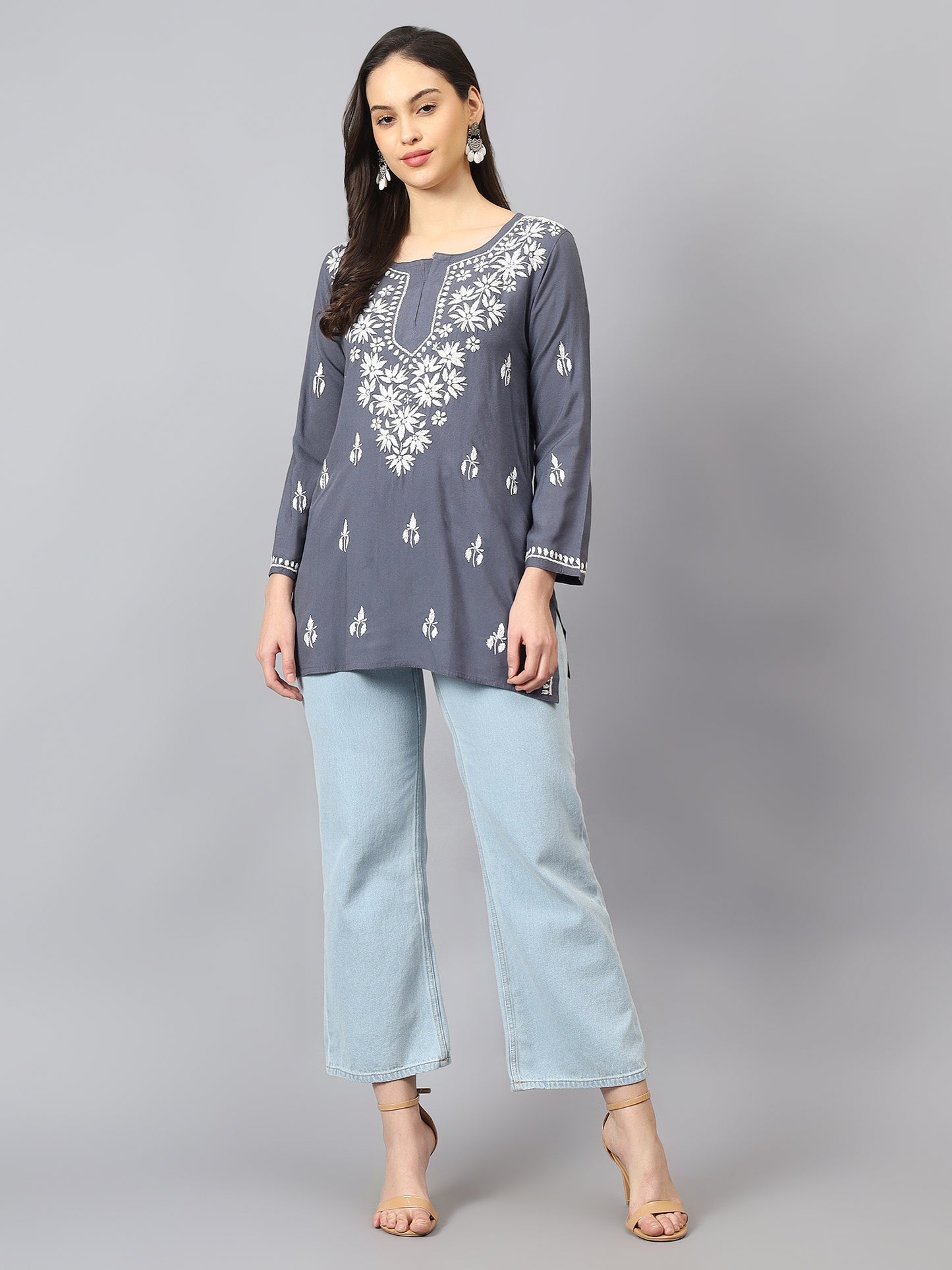 The Chikankari Story: Lucknowi Chikankari Hand Embroidery Cotton Rayon Short Kurti, Kurta, Top, and Tunic Collection in Deep Sea Green, Green Olive, Cool Blue, Black, and Grey