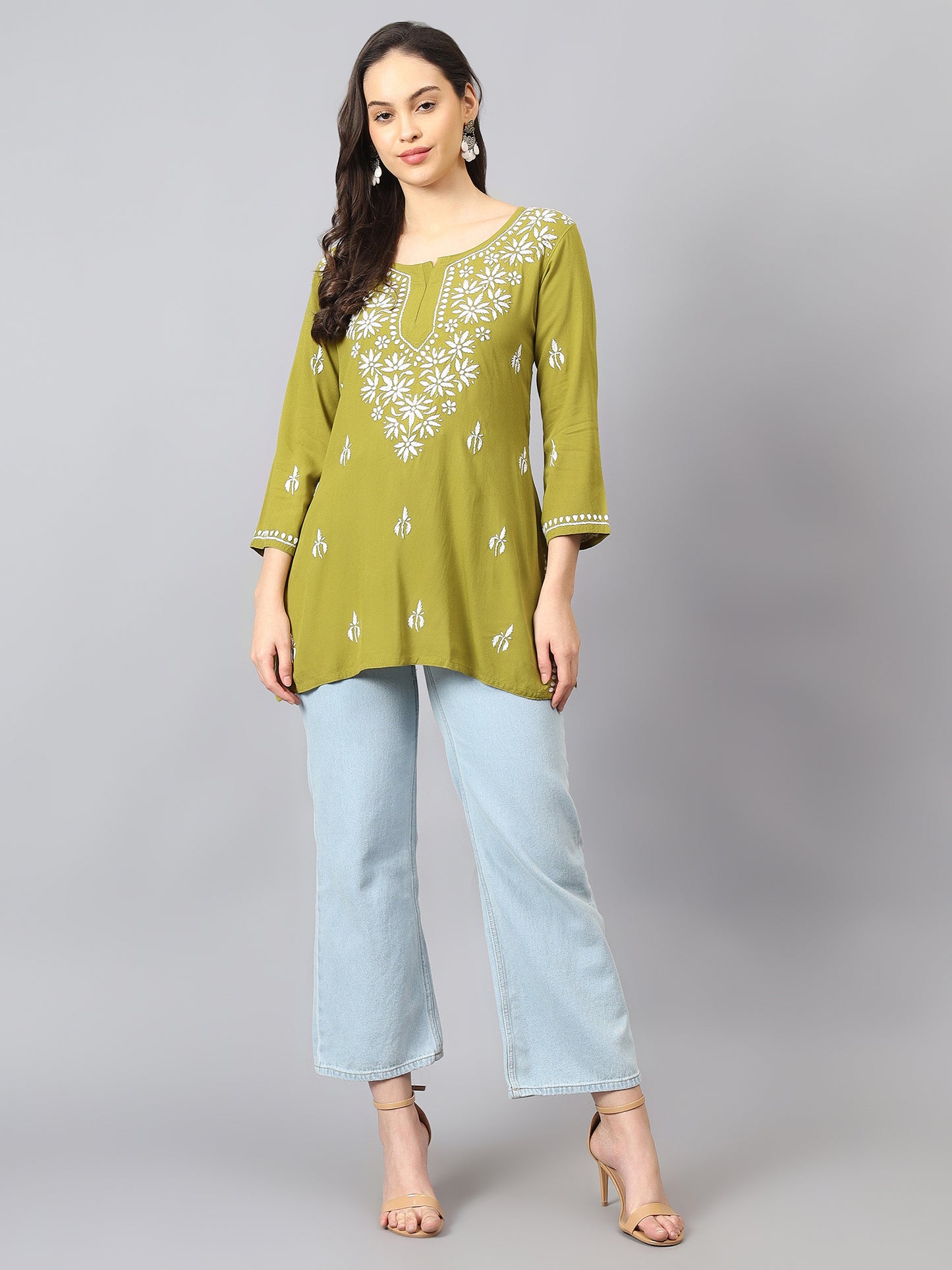 The Chikankari Story: Lucknowi Chikankari Hand Embroidery Cotton Rayon Short Kurti, Kurta, Top, and Tunic Collection in Deep Sea Green, Green Olive, Cool Blue, Black, and Grey