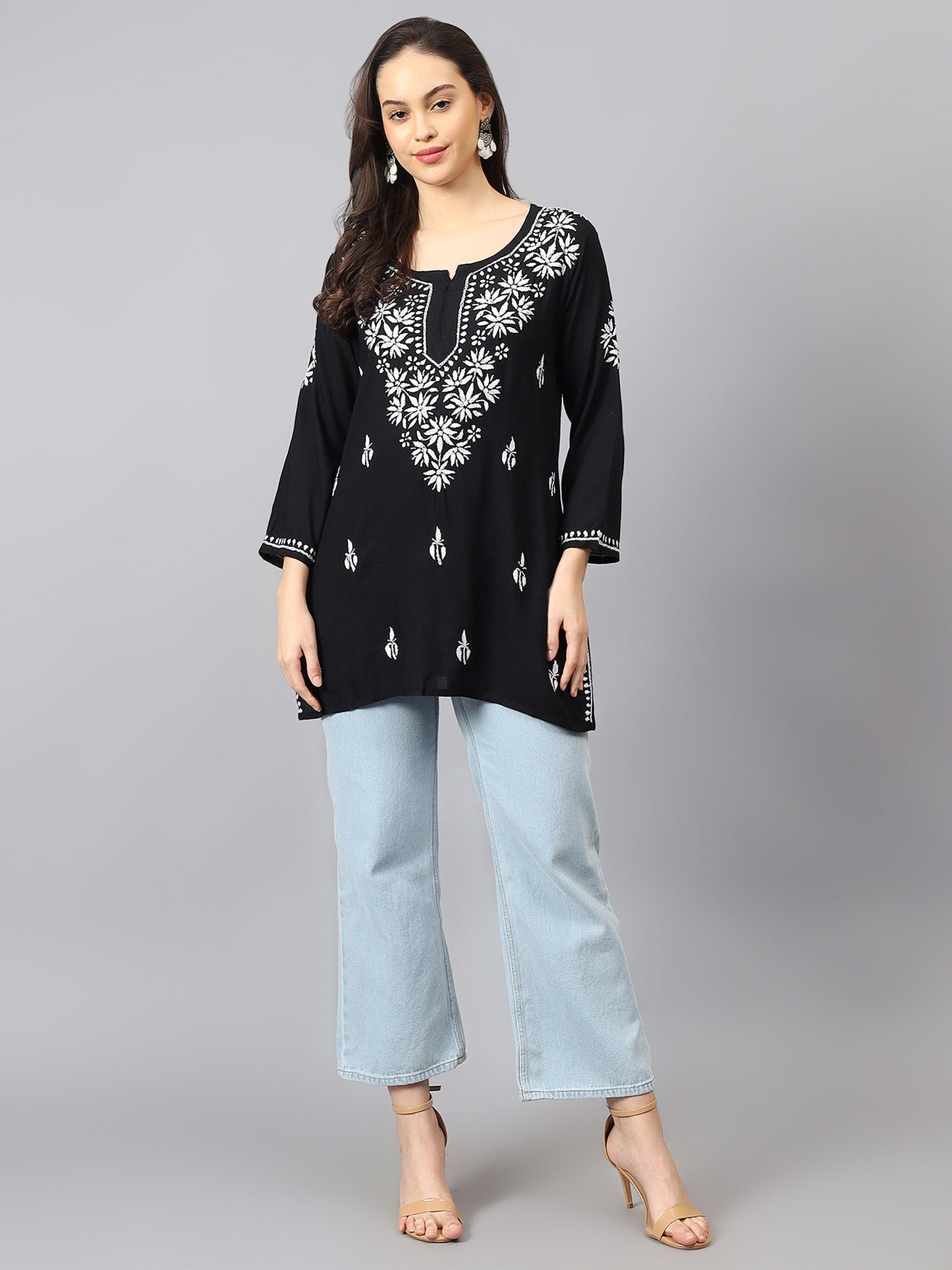 The Chikankari Story: Lucknowi Chikankari Hand Embroidery Cotton Rayon Short Kurti, Kurta, Top, and Tunic Collection in Deep Sea Green, Green Olive, Cool Blue, Black, and Grey