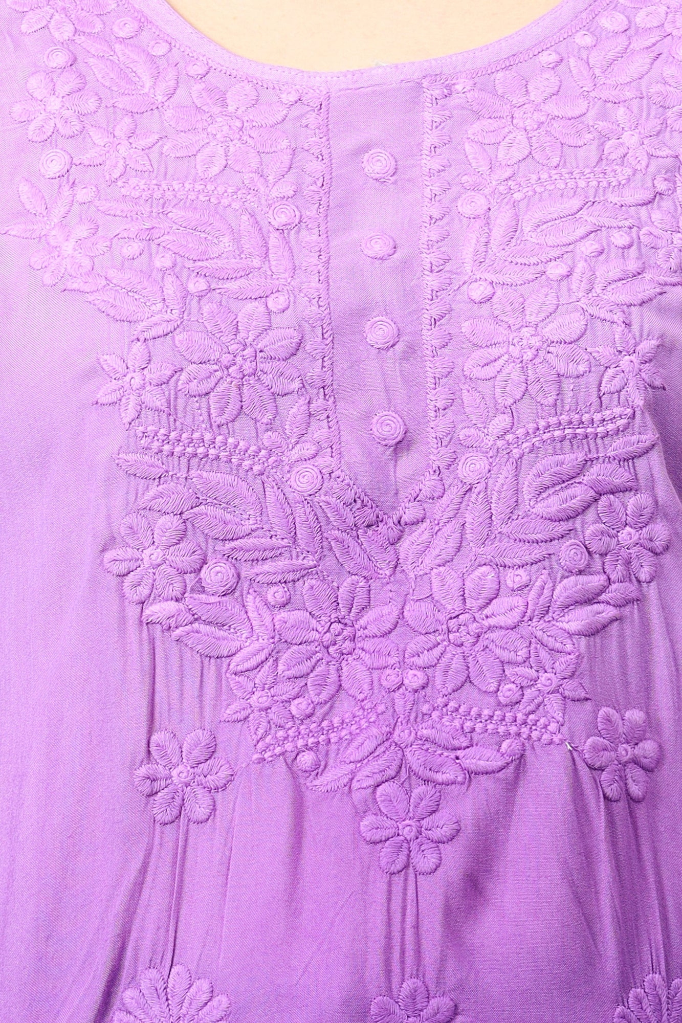 The Chikankari Story: Elegant Rayon Chikankari Kurti with Heavy Neck Embroidery in Red, Purple, Blue, and Green – Short Length, Pre-Dyed Design