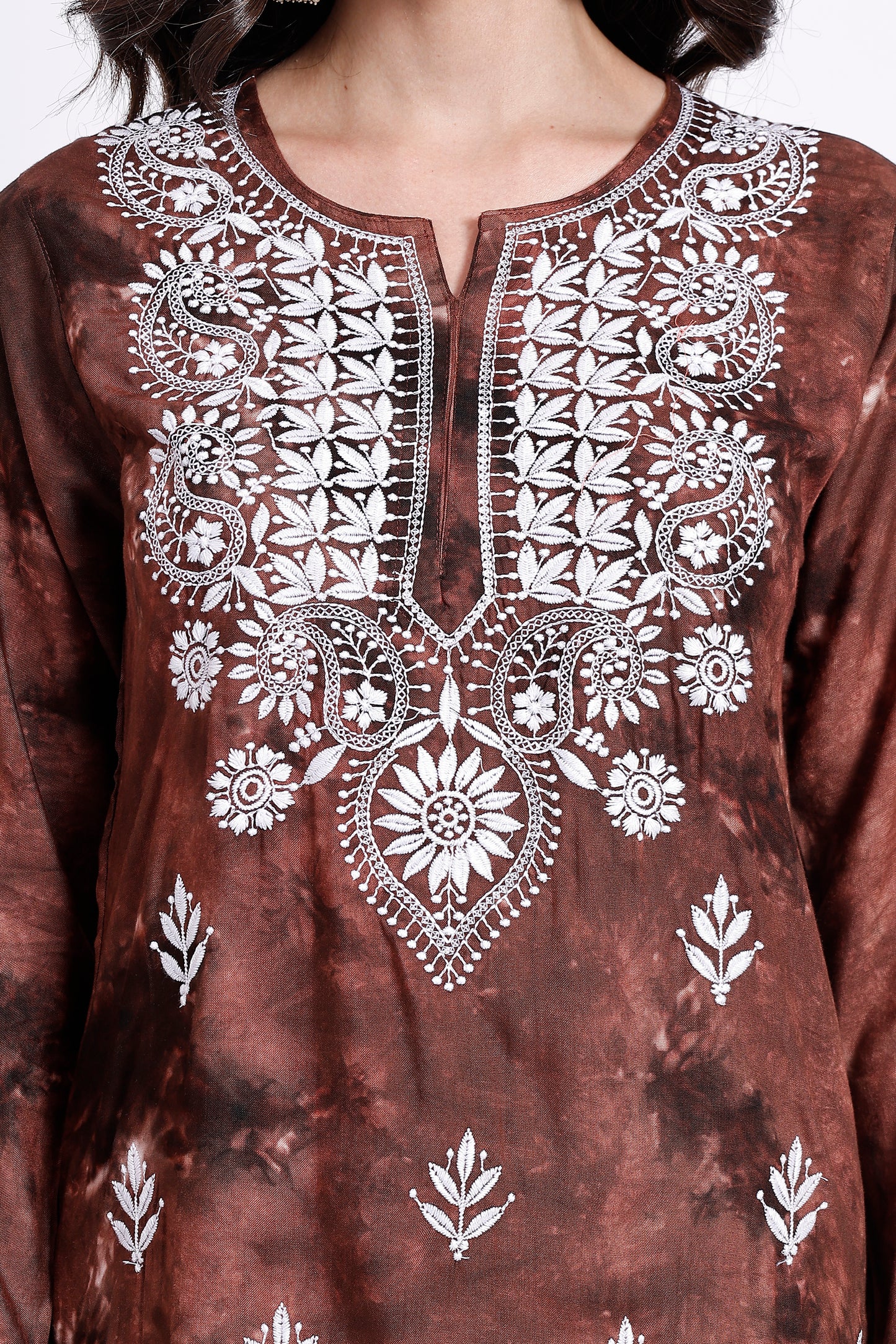 The Chikankari Story Embroidered Rayon Tie-Dyed Chikankari Brown Kurti plazzo set having bollywood 3D Embroidery.