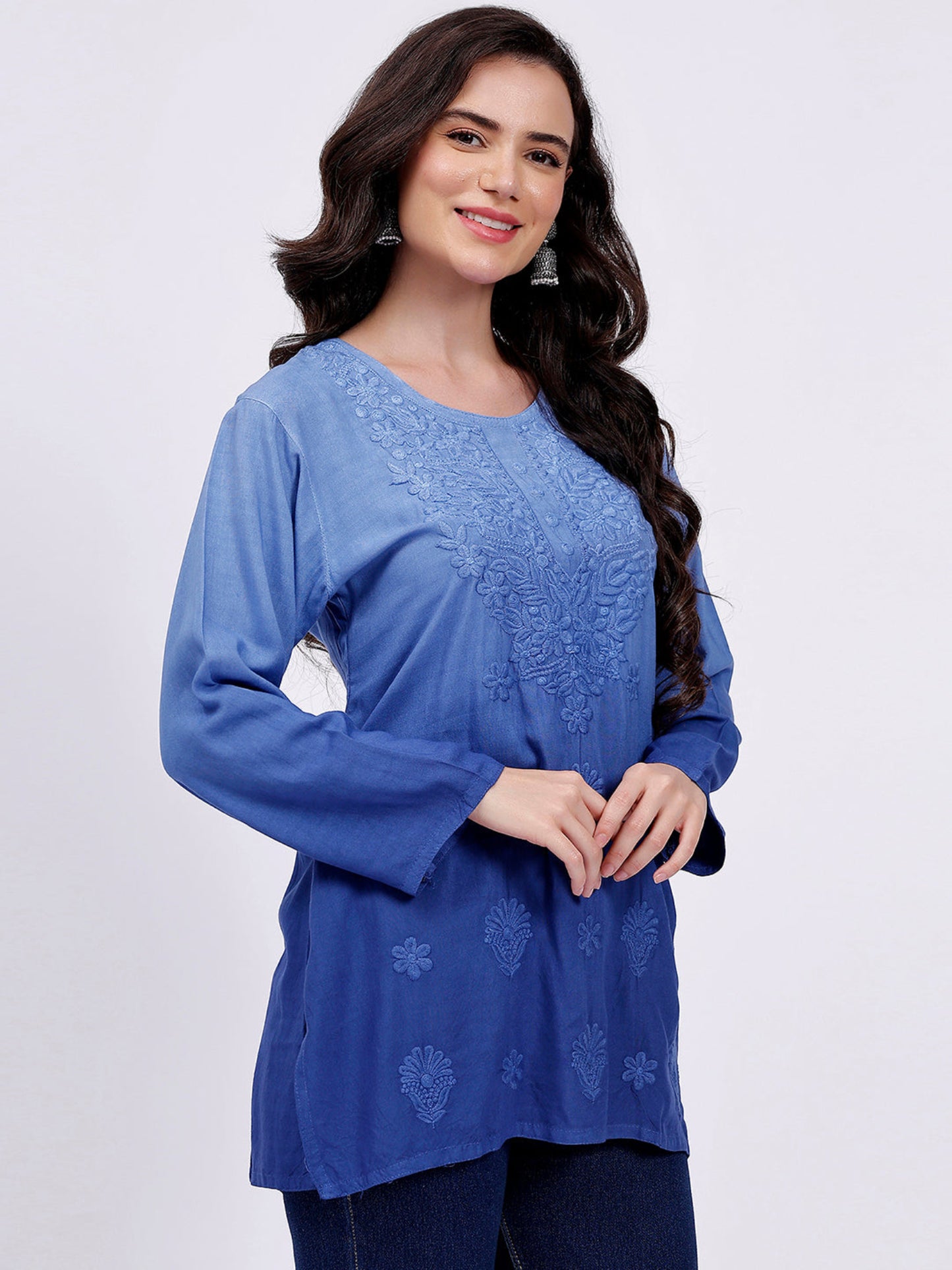 The Chikankari Story: Elegant Rayon Chikankari Kurti with Heavy Neck Embroidery in Red, Purple, Blue, and Green – Short Length, Pre-Dyed Design
