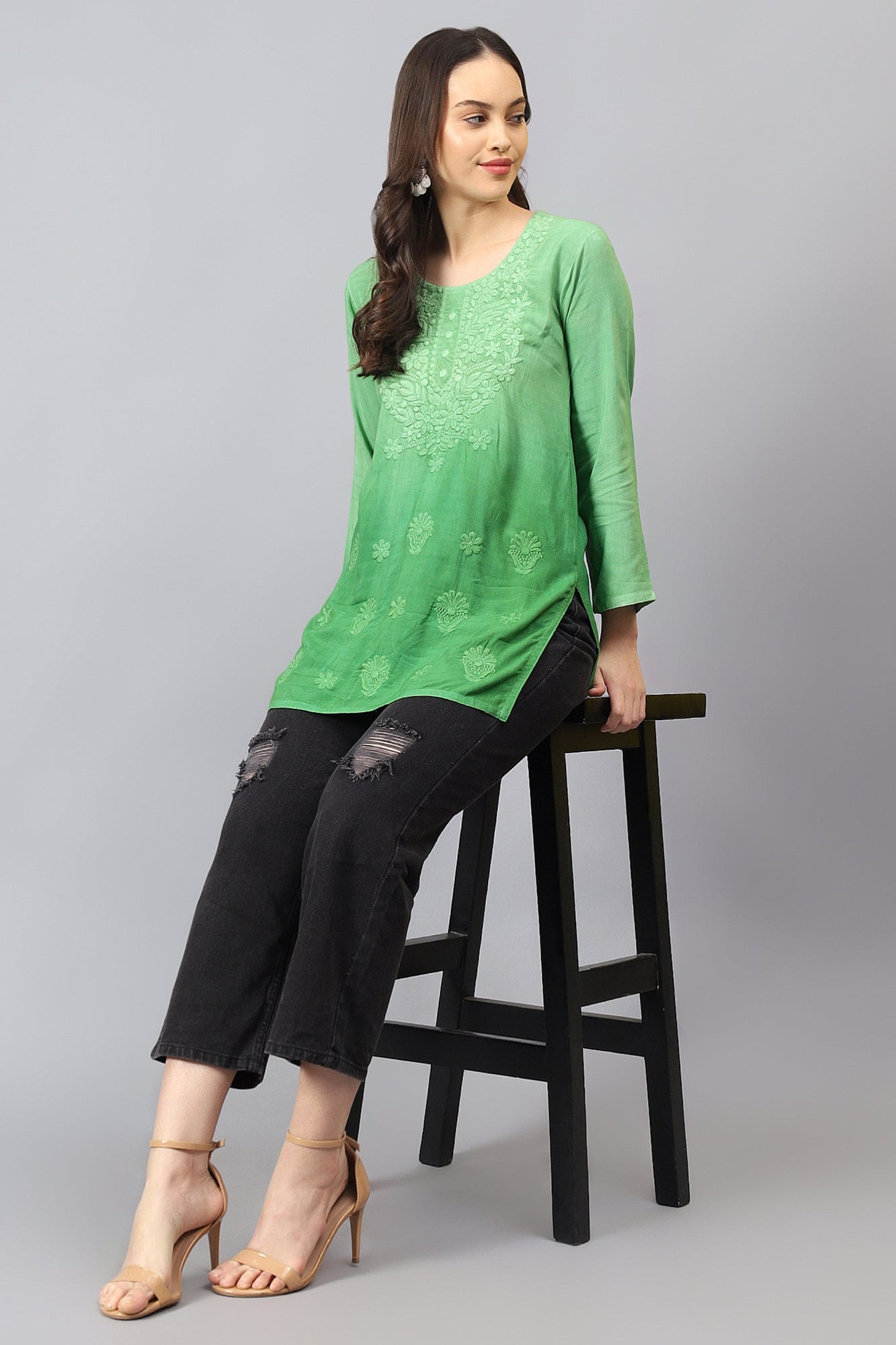 The Chikankari Story: Elegant Rayon Chikankari Kurti with Heavy Neck Embroidery in Red, Purple, Blue, and Green – Short Length, Pre-Dyed Design