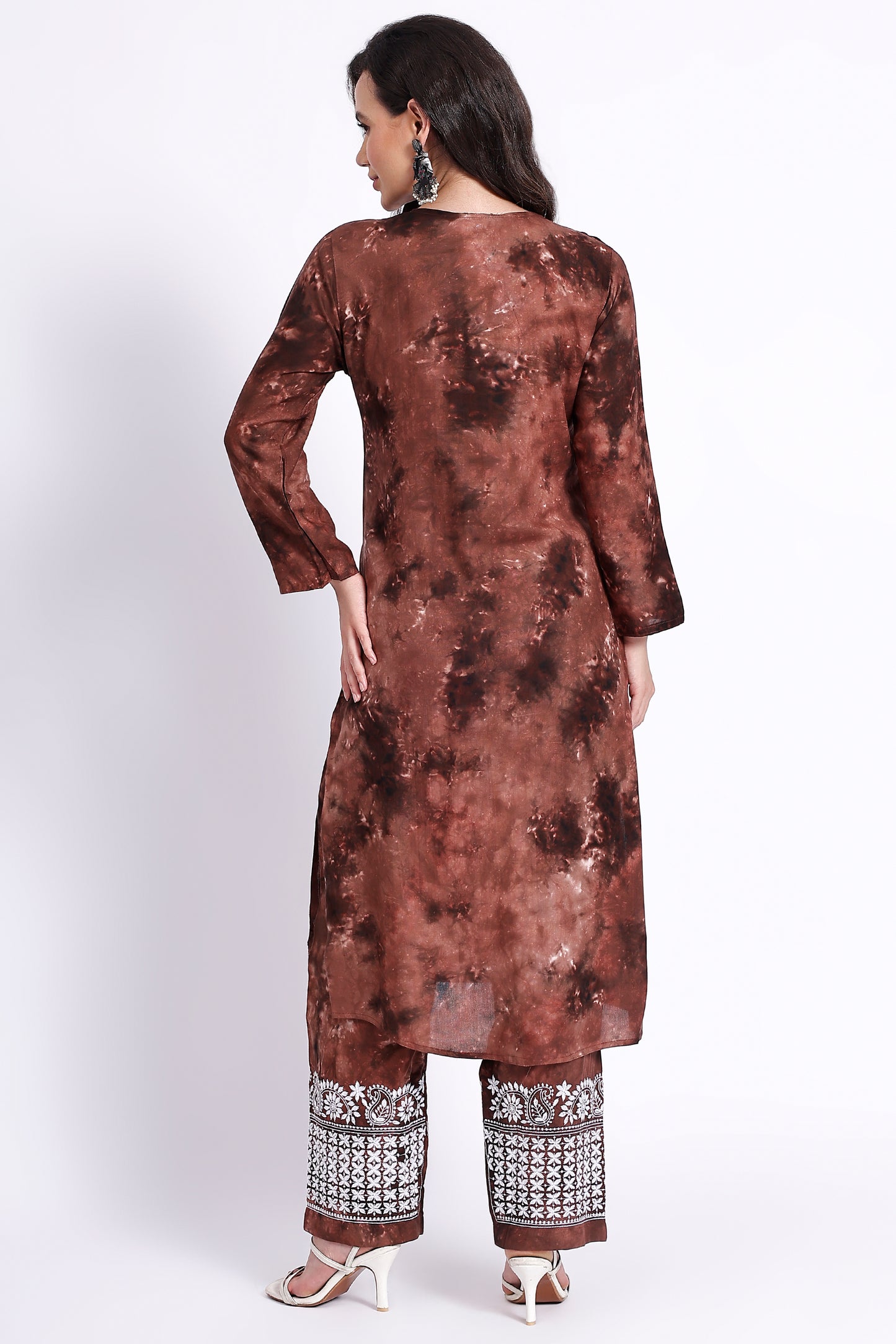 The Chikankari Story Embroidered Rayon Tie-Dyed Chikankari Brown Kurti plazzo set having bollywood 3D Embroidery.