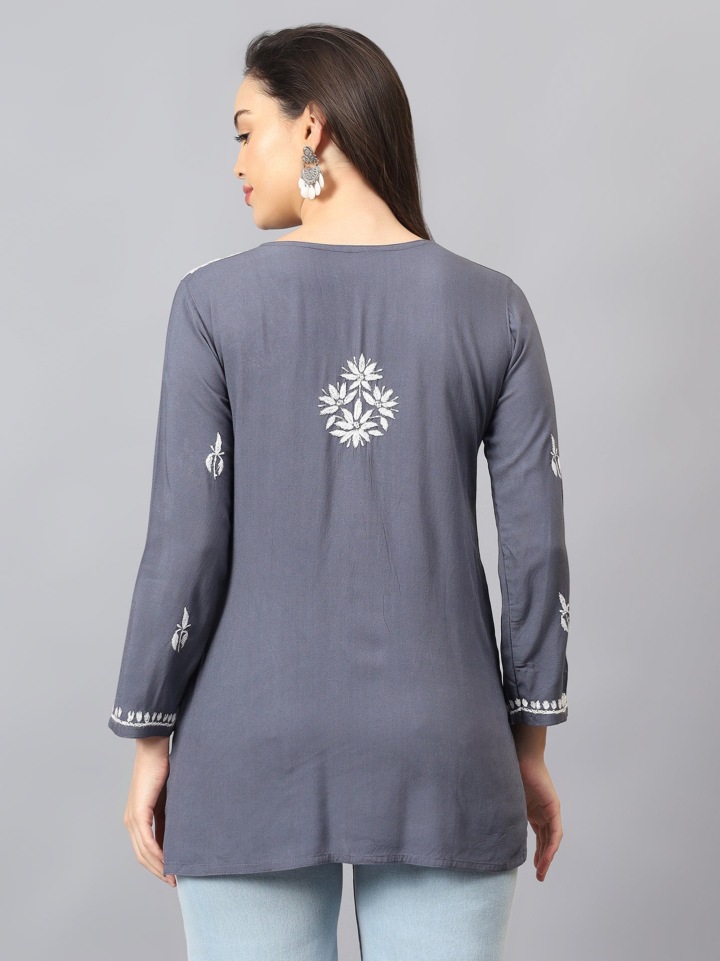 The Chikankari Story: Lucknowi Chikankari Hand Embroidery Cotton Rayon Short Kurti, Kurta, Top, and Tunic Collection in Deep Sea Green, Green Olive, Cool Blue, Black, and Grey