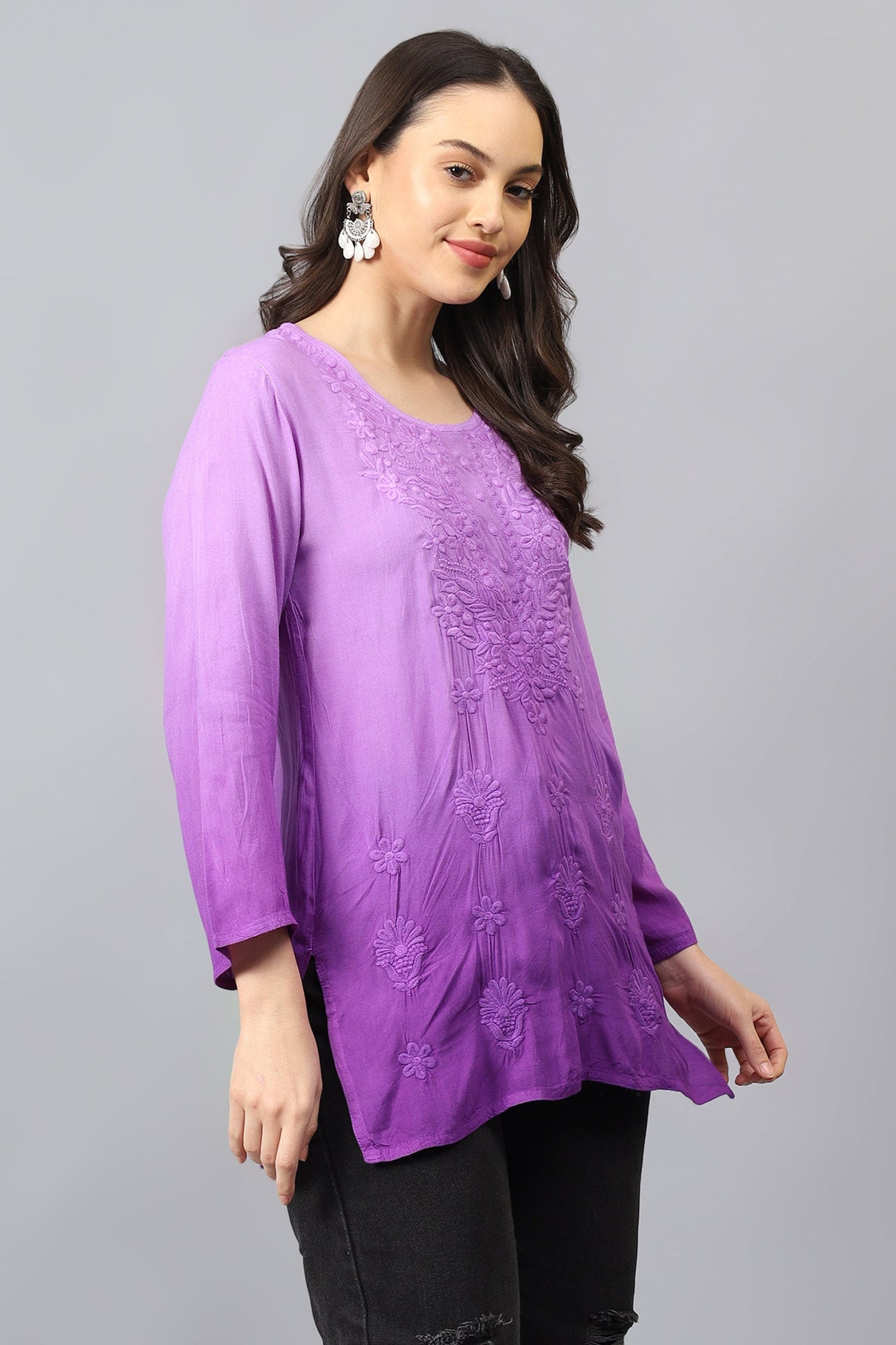 The Chikankari Story: Elegant Rayon Chikankari Kurti with Heavy Neck Embroidery in Red, Purple, Blue, and Green – Short Length, Pre-Dyed Design
