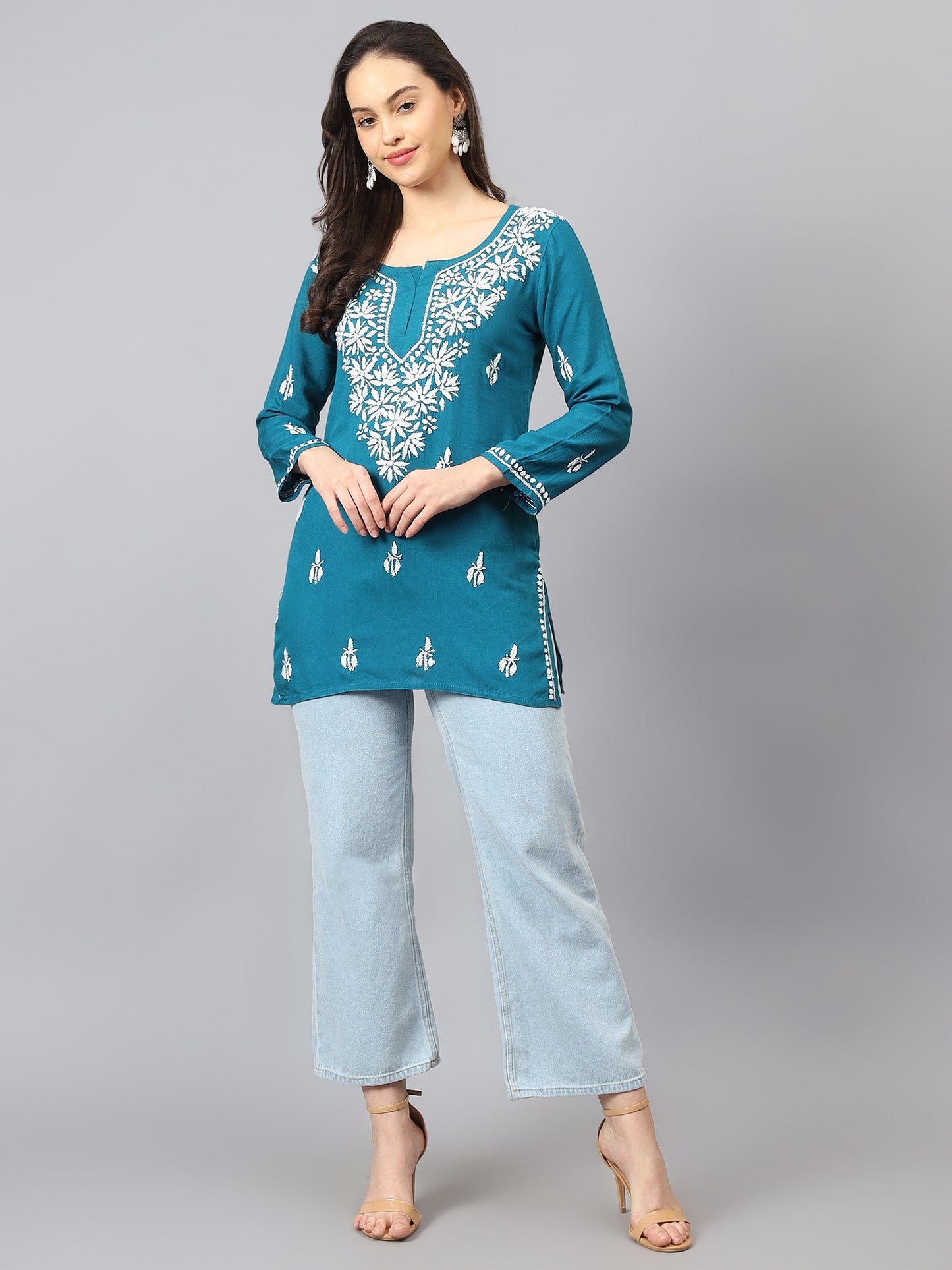 The Chikankari Story: Lucknowi Chikankari Hand Embroidery Cotton Rayon Short Kurti, Kurta, Top, and Tunic Collection in Deep Sea Green, Green Olive, Cool Blue, Black, and Grey