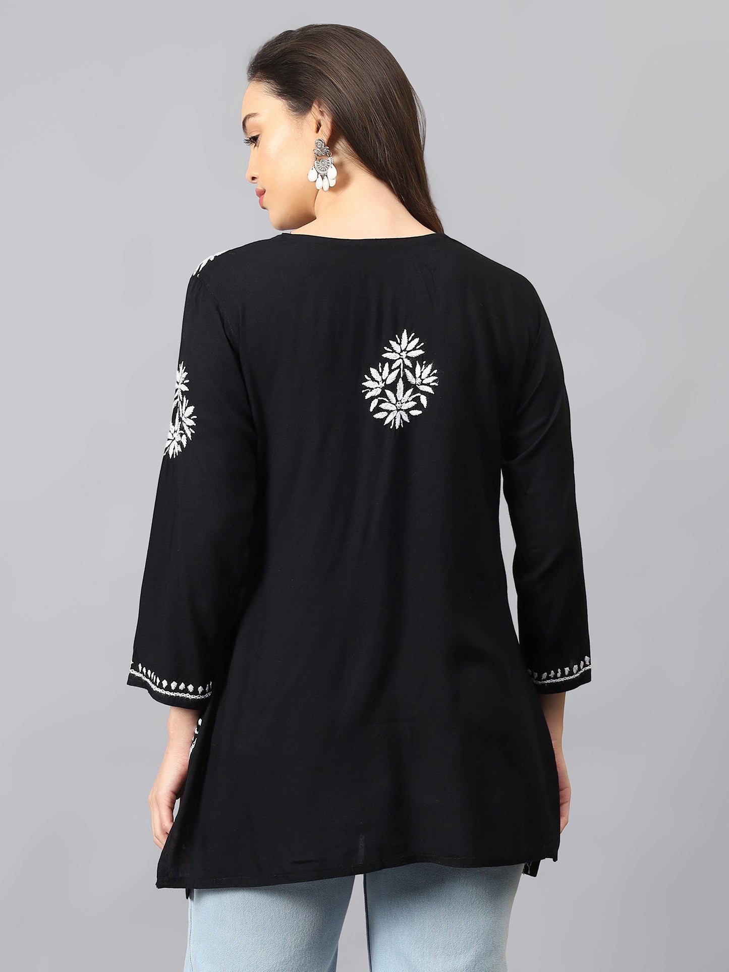The Chikankari Story: Lucknowi Chikankari Hand Embroidery Cotton Rayon Short Kurti, Kurta, Top, and Tunic Collection in Deep Sea Green, Green Olive, Cool Blue, Black, and Grey