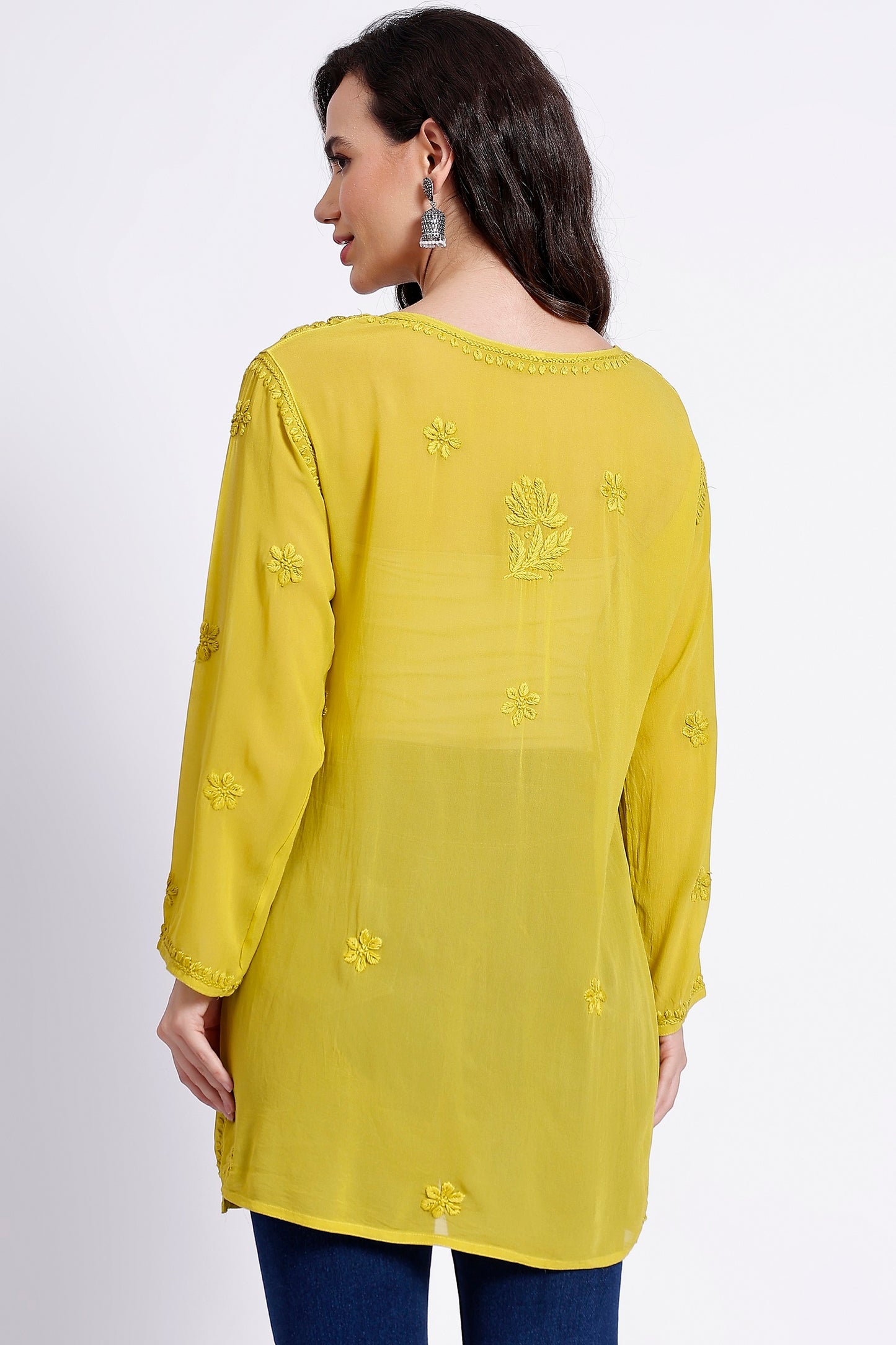 "The Chikankari Story" Chic and Comfortable: 3D Chikankari Hand-Embroidered Short Top & Kurti in Pure Viscose – Available in Black, Purple, Peach, Sea Green, and Lemon Green.