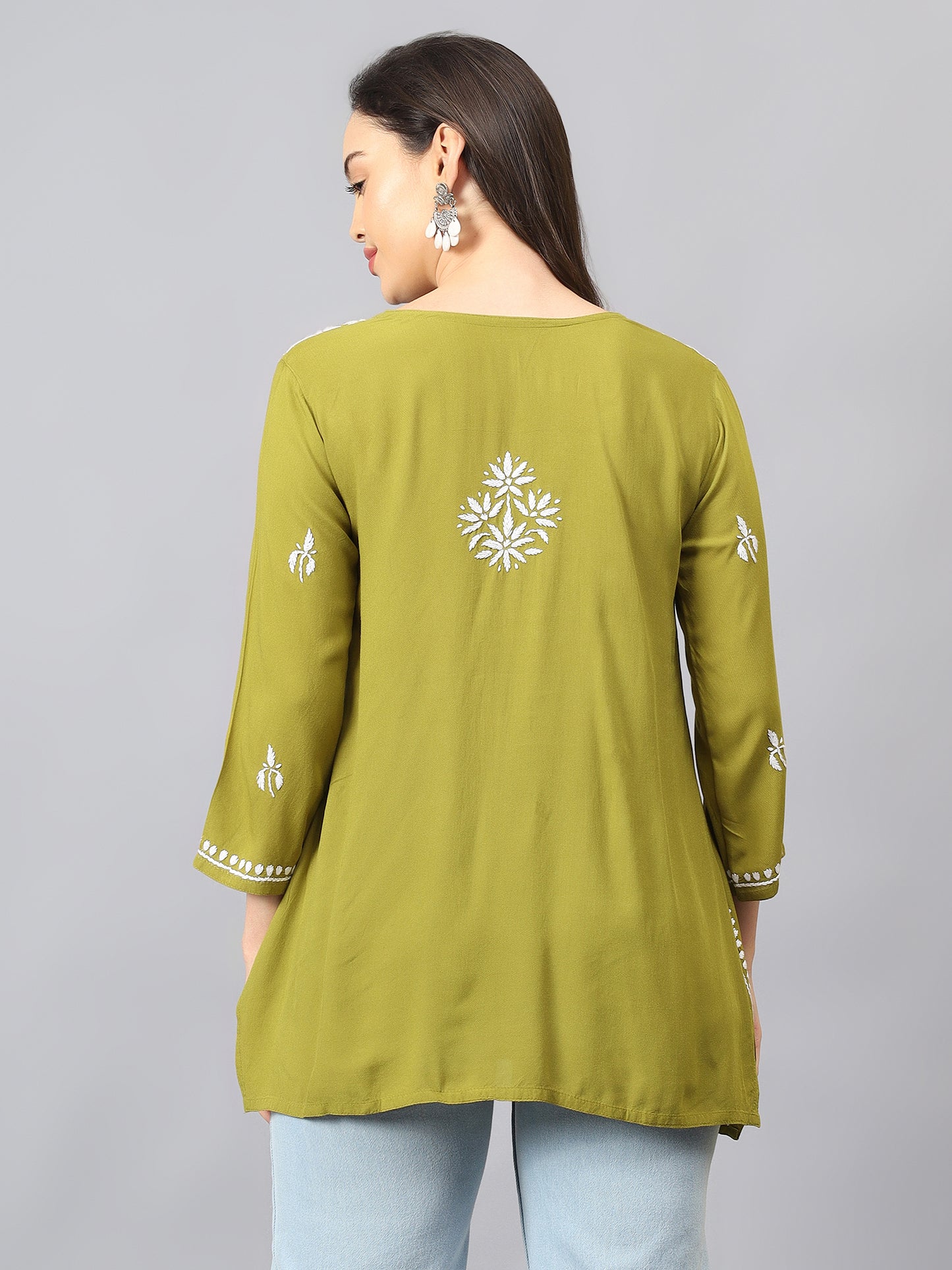 The Chikankari Story: Lucknowi Chikankari Hand Embroidery Cotton Rayon Short Kurti, Kurta, Top, and Tunic Collection in Deep Sea Green, Green Olive, Cool Blue, Black, and Grey