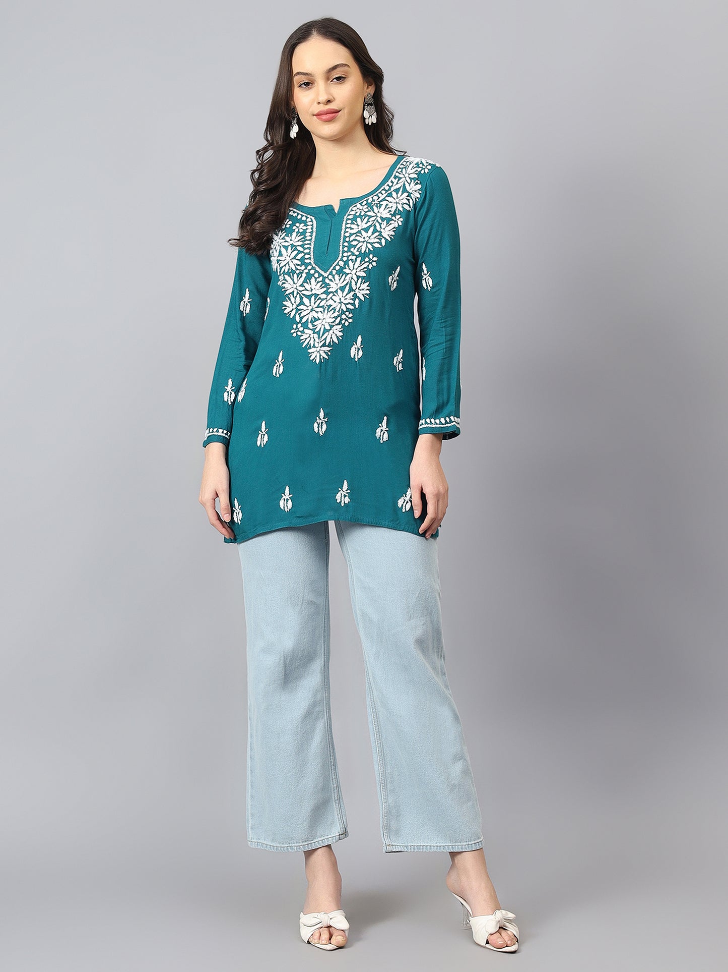 The Chikankari Story: Lucknowi Chikankari Hand Embroidery Cotton Rayon Short Kurti, Kurta, Top, and Tunic Collection in Deep Sea Green, Green Olive, Cool Blue, Black, and Grey