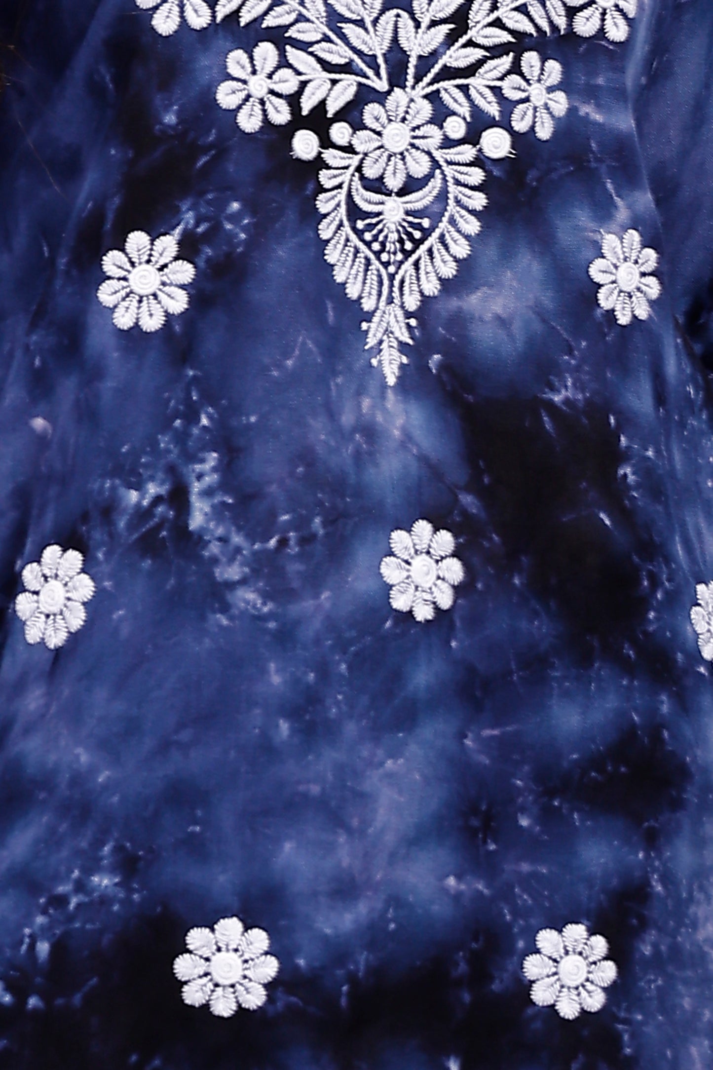 The Chikankari Story Embroidered Rayon Tie-Dyed Chikankari Blue short Kurti with 3D Embroidery.