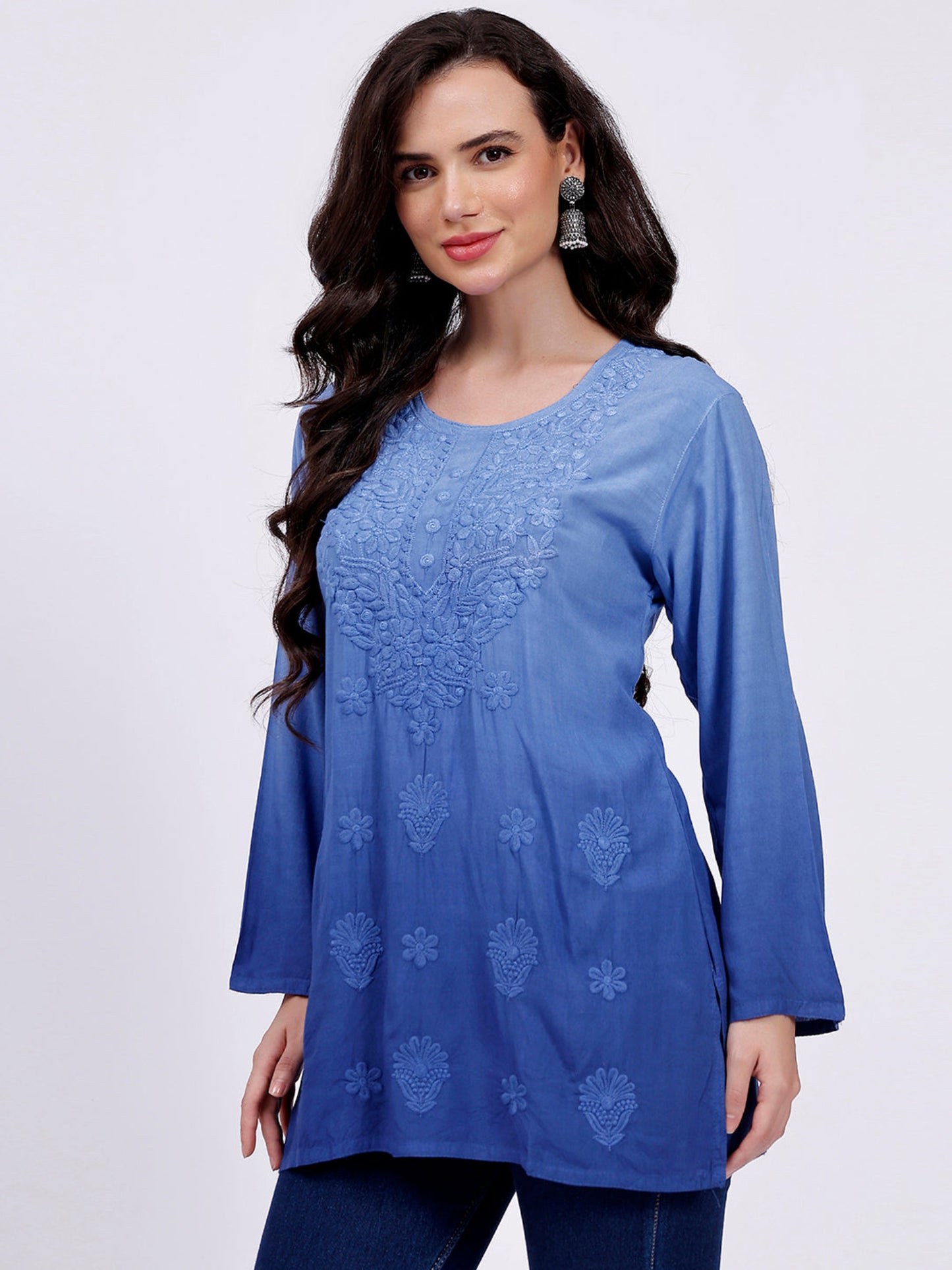 The Chikankari Story: Elegant Rayon Chikankari Kurti with Heavy Neck Embroidery in Red, Purple, Blue, and Green – Short Length, Pre-Dyed Design