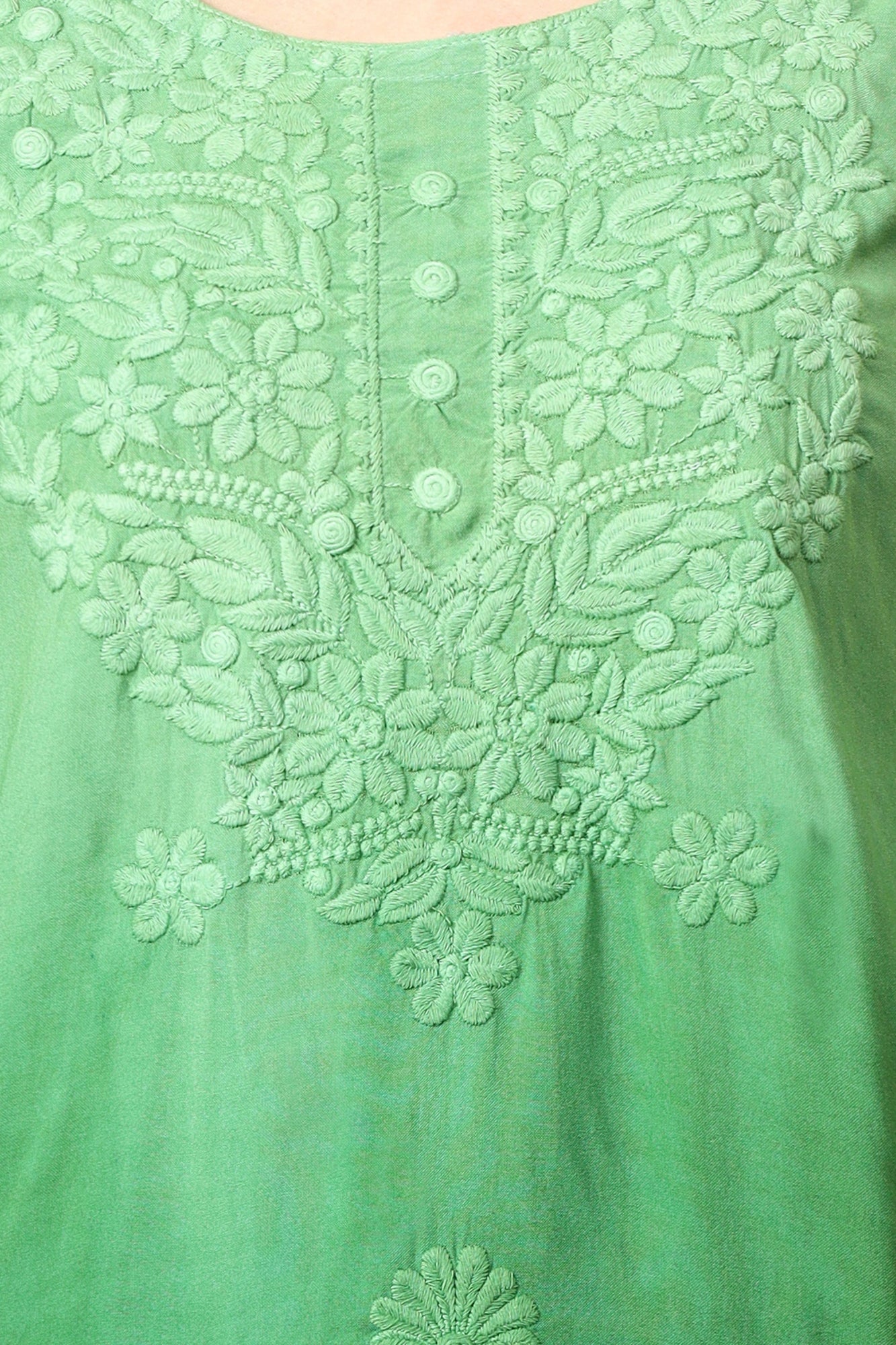 The Chikankari Story: Elegant Rayon Chikankari Kurti with Heavy Neck Embroidery in Red, Purple, Blue, and Green – Short Length, Pre-Dyed Design
