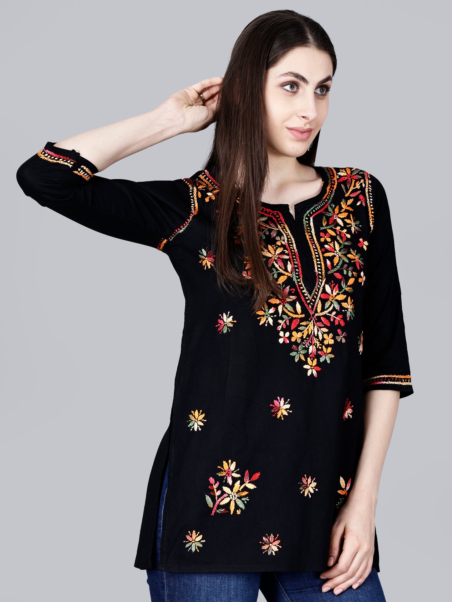 Authentic Lucknowi Chikankari Hand-Embroidered Short Kurta in Pure Cotton.