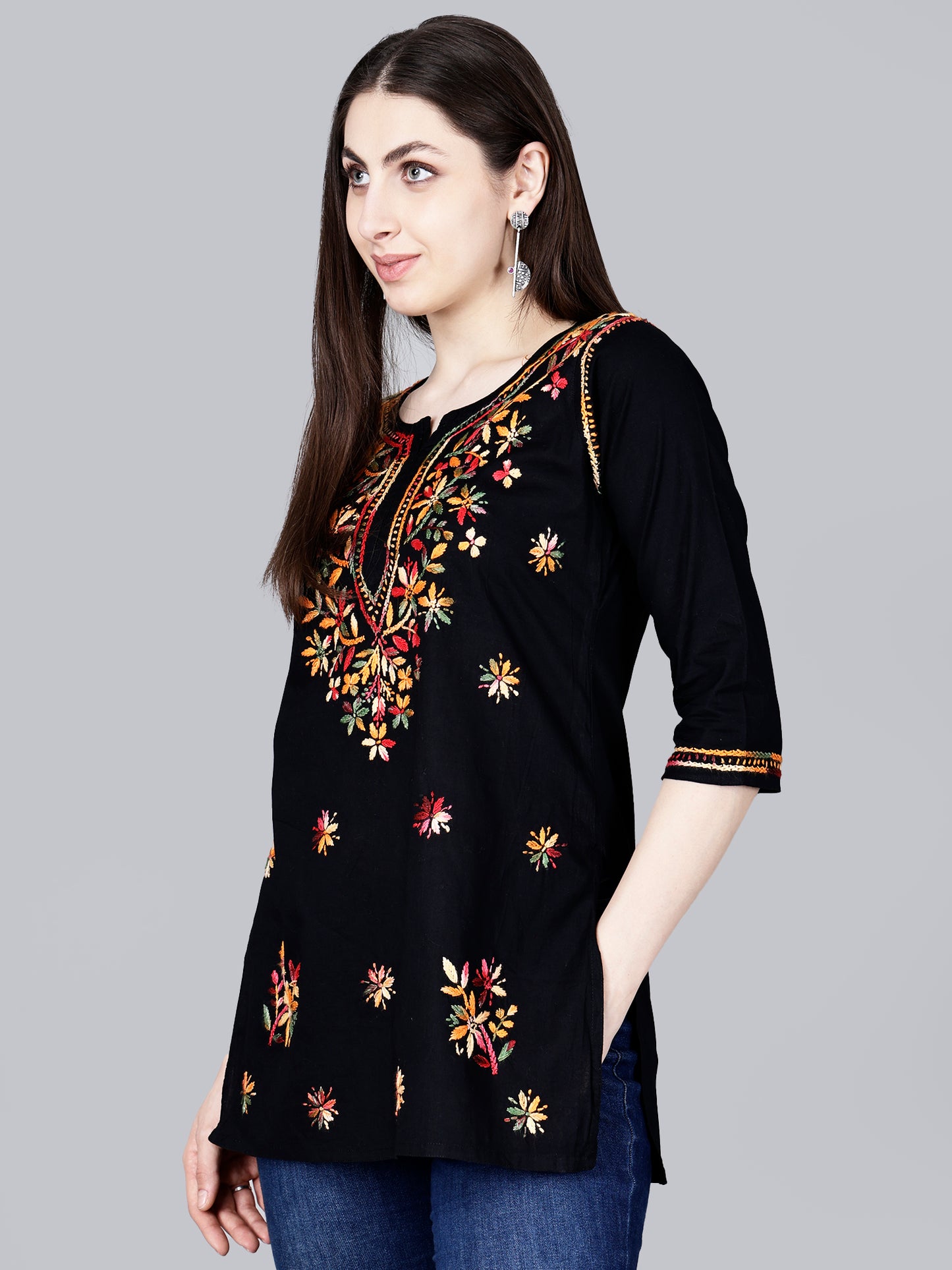 Authentic Lucknowi Chikankari Hand-Embroidered Short Kurta in Pure Cotton.