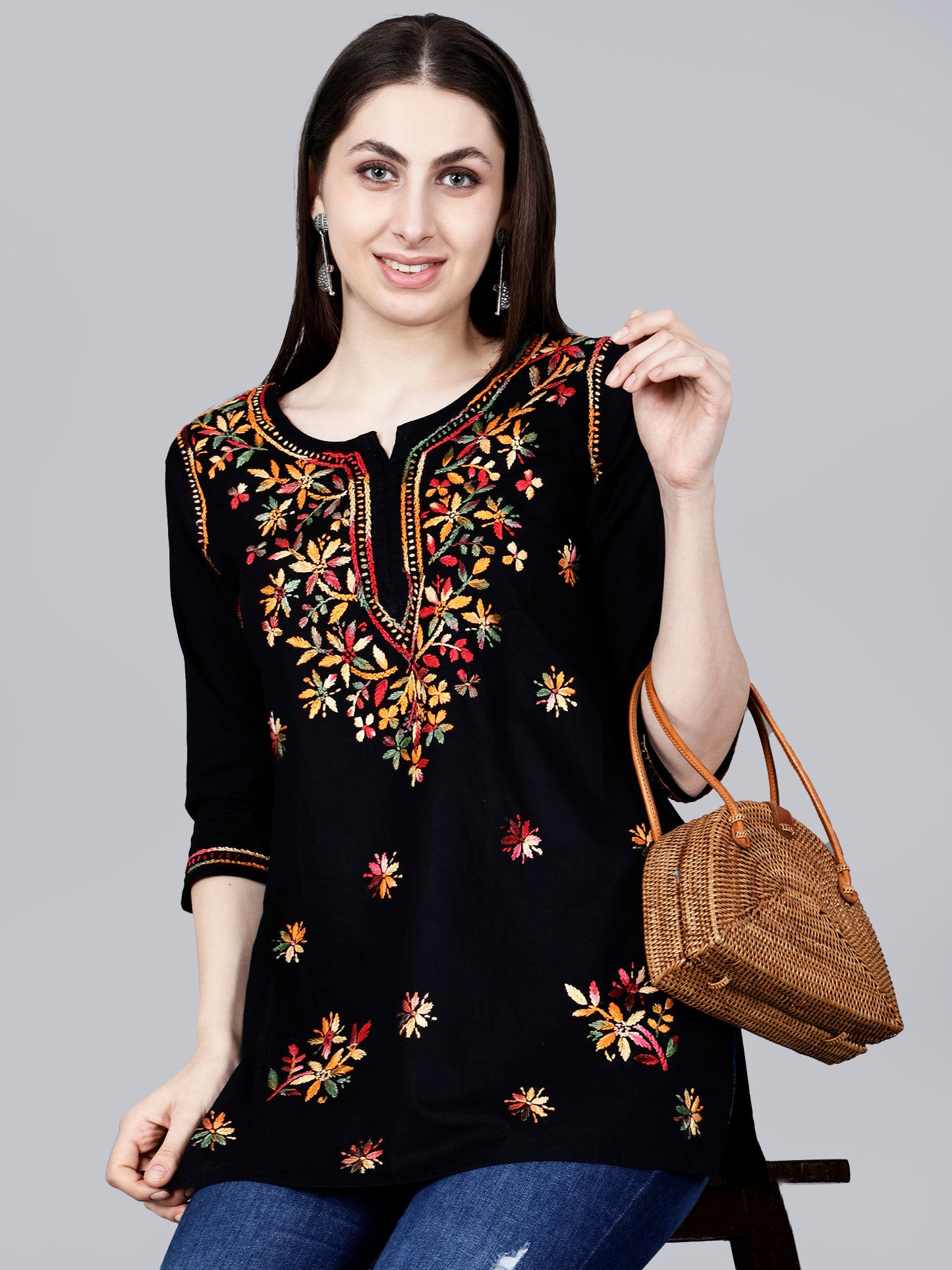 Authentic Lucknowi Chikankari Hand-Embroidered Short Kurta in Pure Cotton.