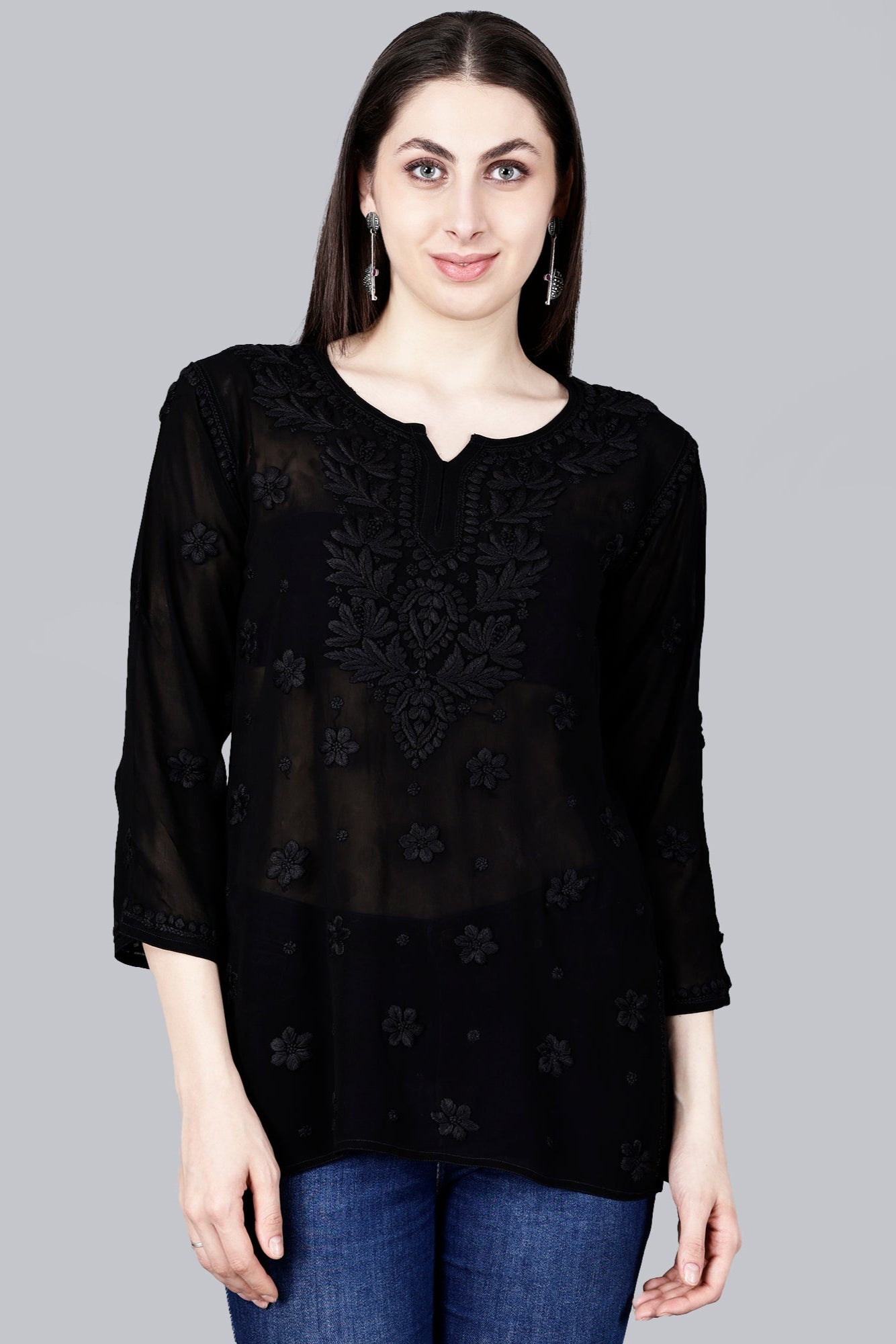 The Chikankari Story: Chic and Comfortable 3D Chikankari Hand-Embroidered Short Top & Kurti in Pure Viscose – Available in Black, Purple, Pink, Sea Green, and Lemon Green