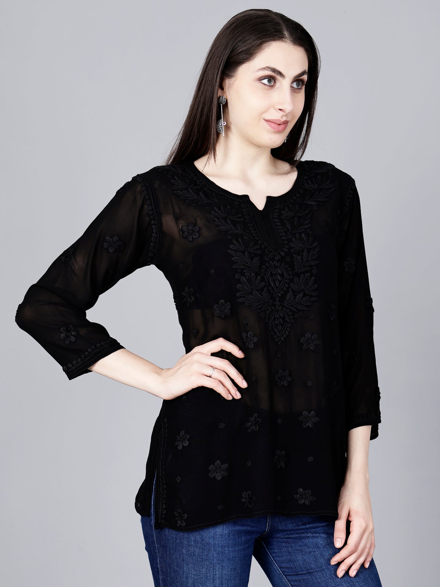 "The Chikankari Story" Chic and Comfortable: 3D Chikankari Hand-Embroidered Short Top & Kurti in Pure Viscose – Available in Black, Purple, Peach, Sea Green, and Lemon Green.