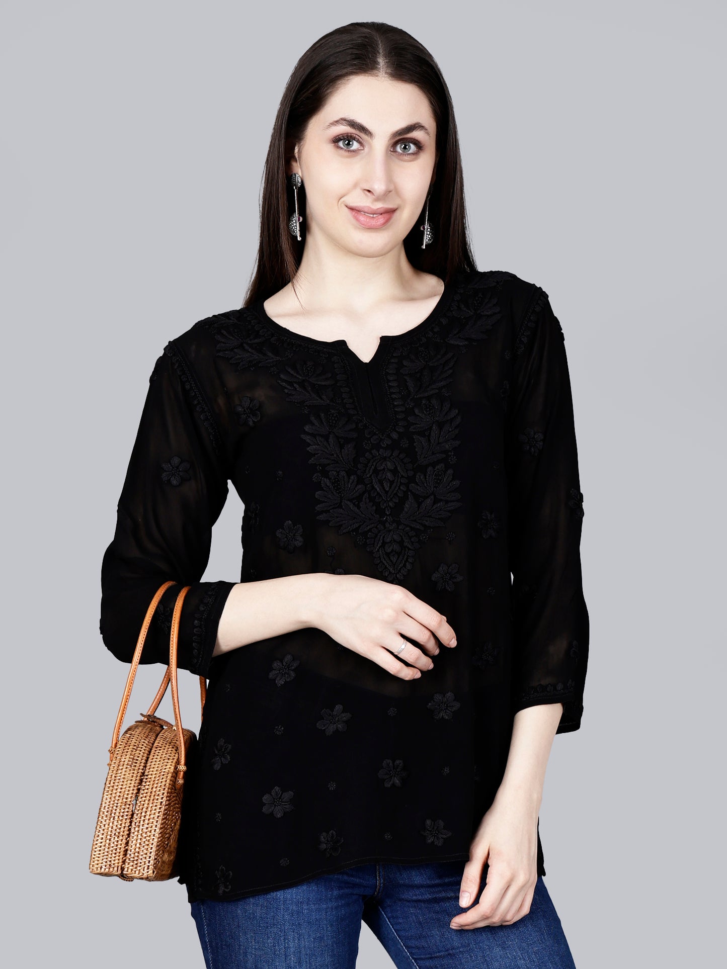 "The Chikankari Story" Chic and Comfortable: 3D Chikankari Hand-Embroidered Short Top & Kurti in Pure Viscose – Available in Black, Purple, Peach, Sea Green, and Lemon Green.