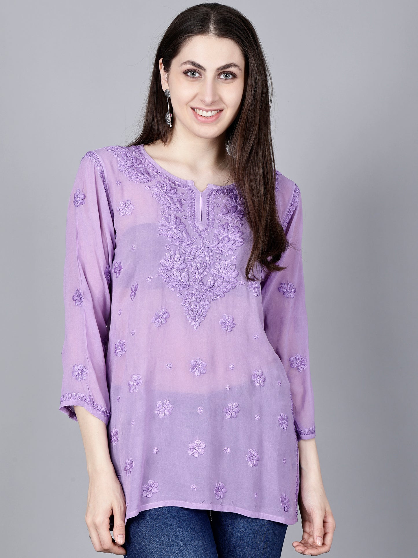 "The Chikankari Story" Chic and Comfortable: 3D Chikankari Hand-Embroidered Short Top & Kurti in Pure Viscose – Available in Black, Purple, Peach, Sea Green, and Lemon Green.
