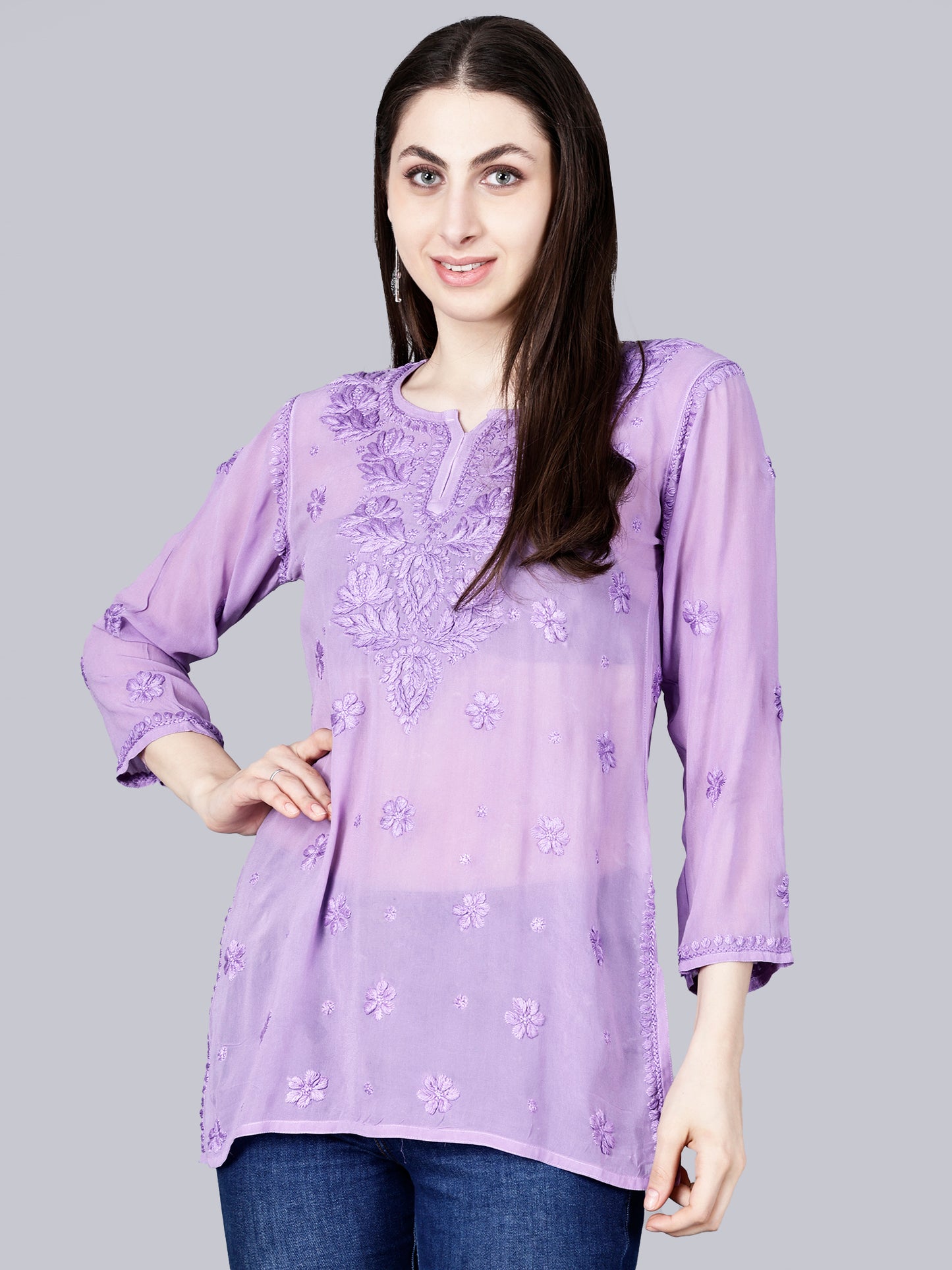 "The Chikankari Story" Chic and Comfortable: 3D Chikankari Hand-Embroidered Short Top & Kurti in Pure Viscose – Available in Black, Purple, Peach, Sea Green, and Lemon Green.